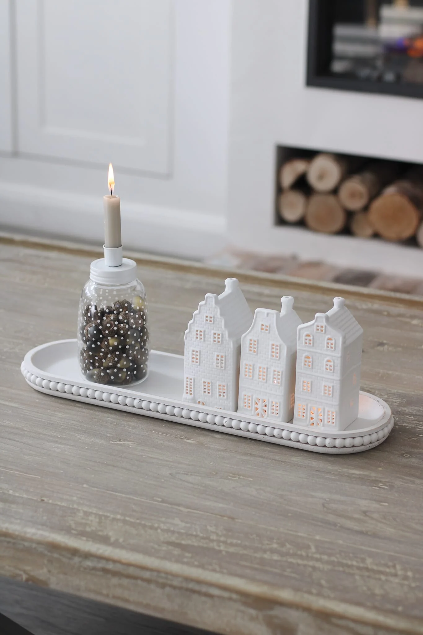 Beaded Wooden Tray - White/Large