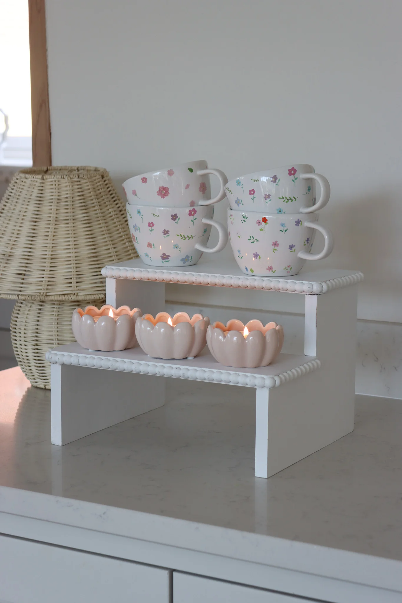 Two Tier Display Stand - Beaded White