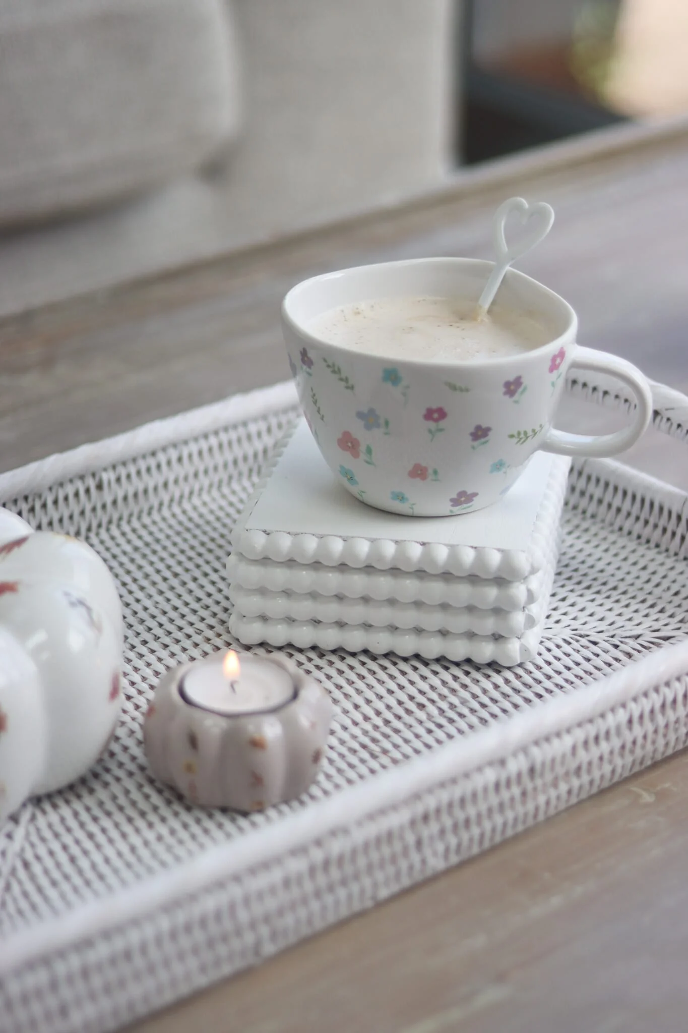 Square Beaded Wooden Coaster Set - White - Image 4