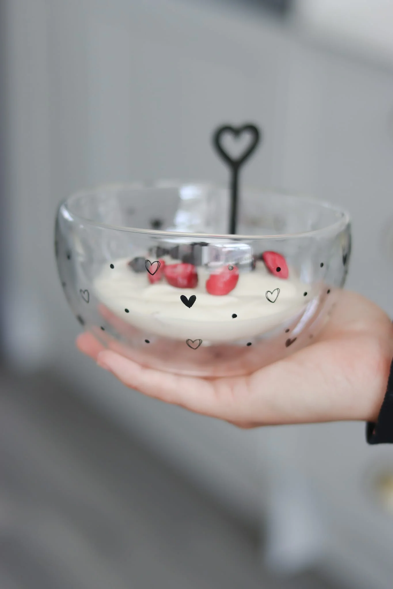 Double Wall Glass Bowl - Black/Hearts Dots - Image 2