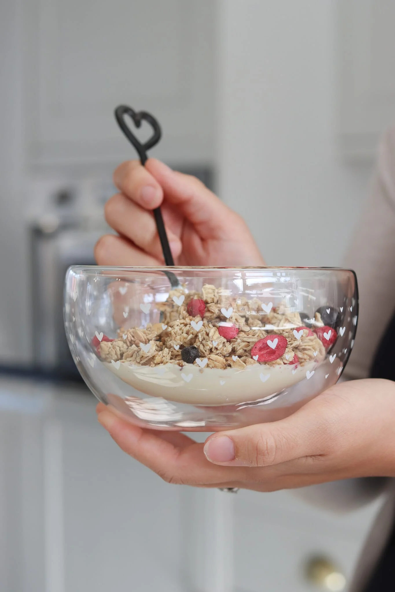 Double Wall Glass Bowl - Small MultiHearts/White