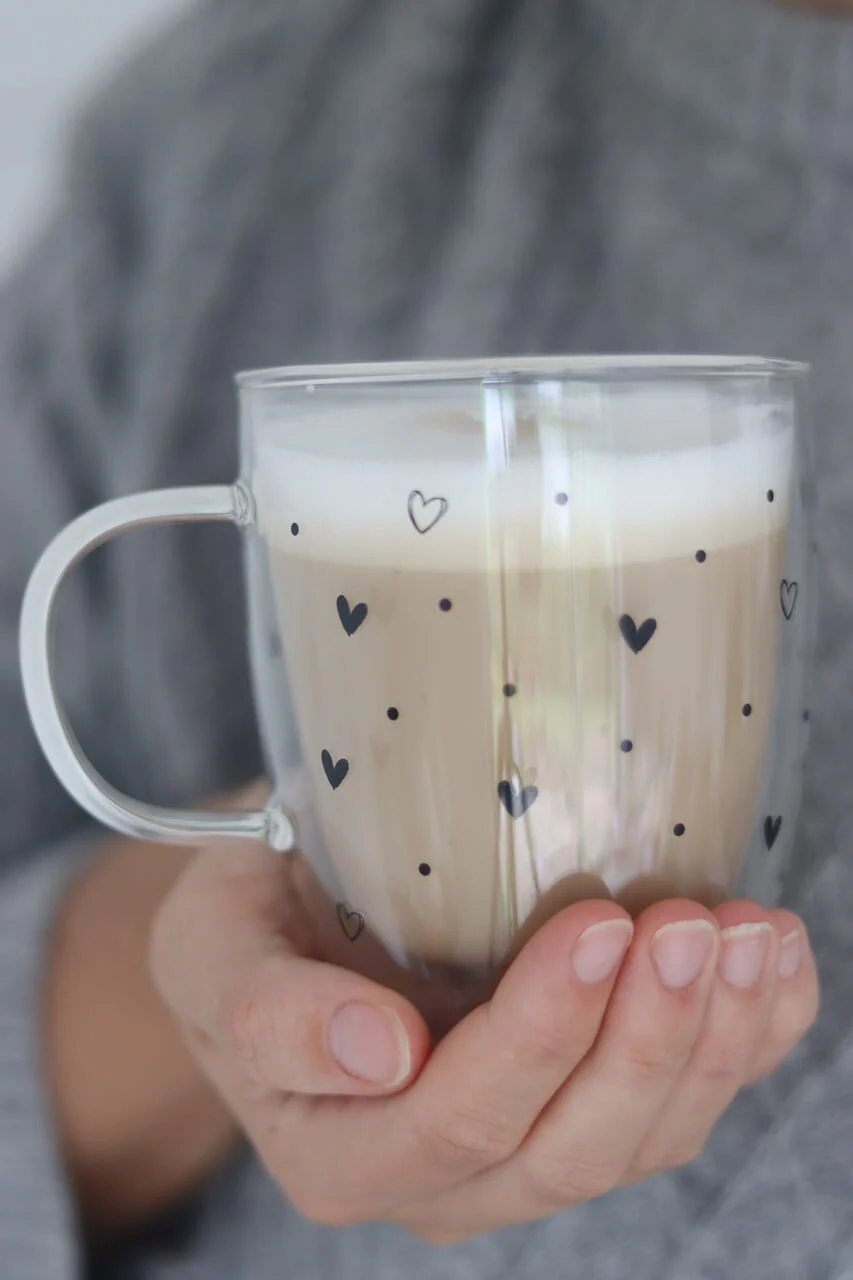 Double Wall Hearts & Dots Black Glass Mug
