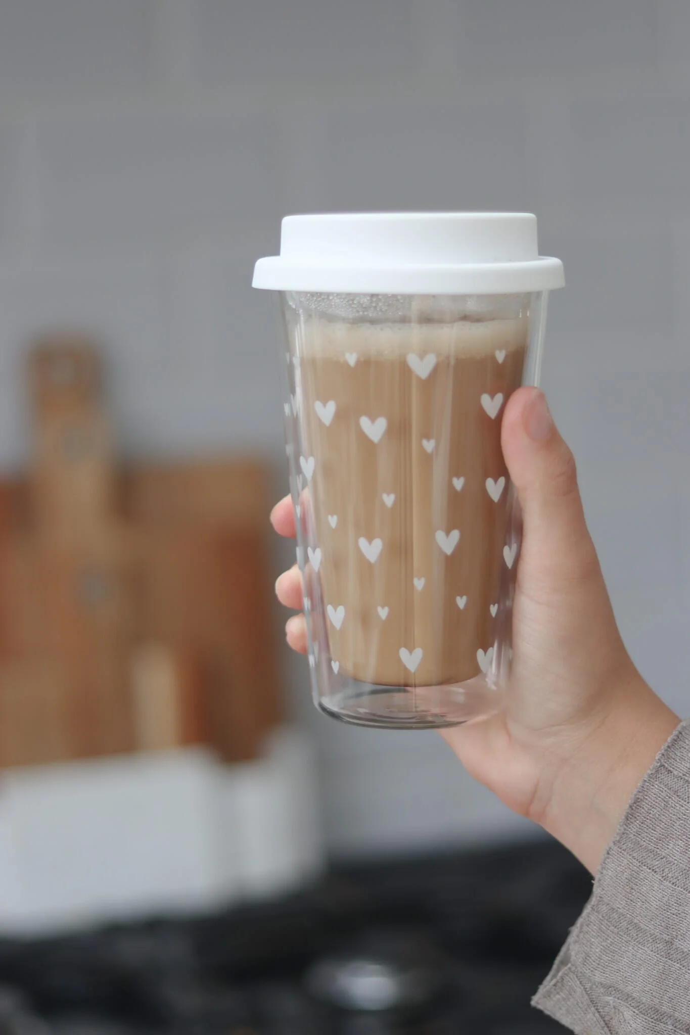 Double Walled Glass Travel Mug - Multi Heart/White