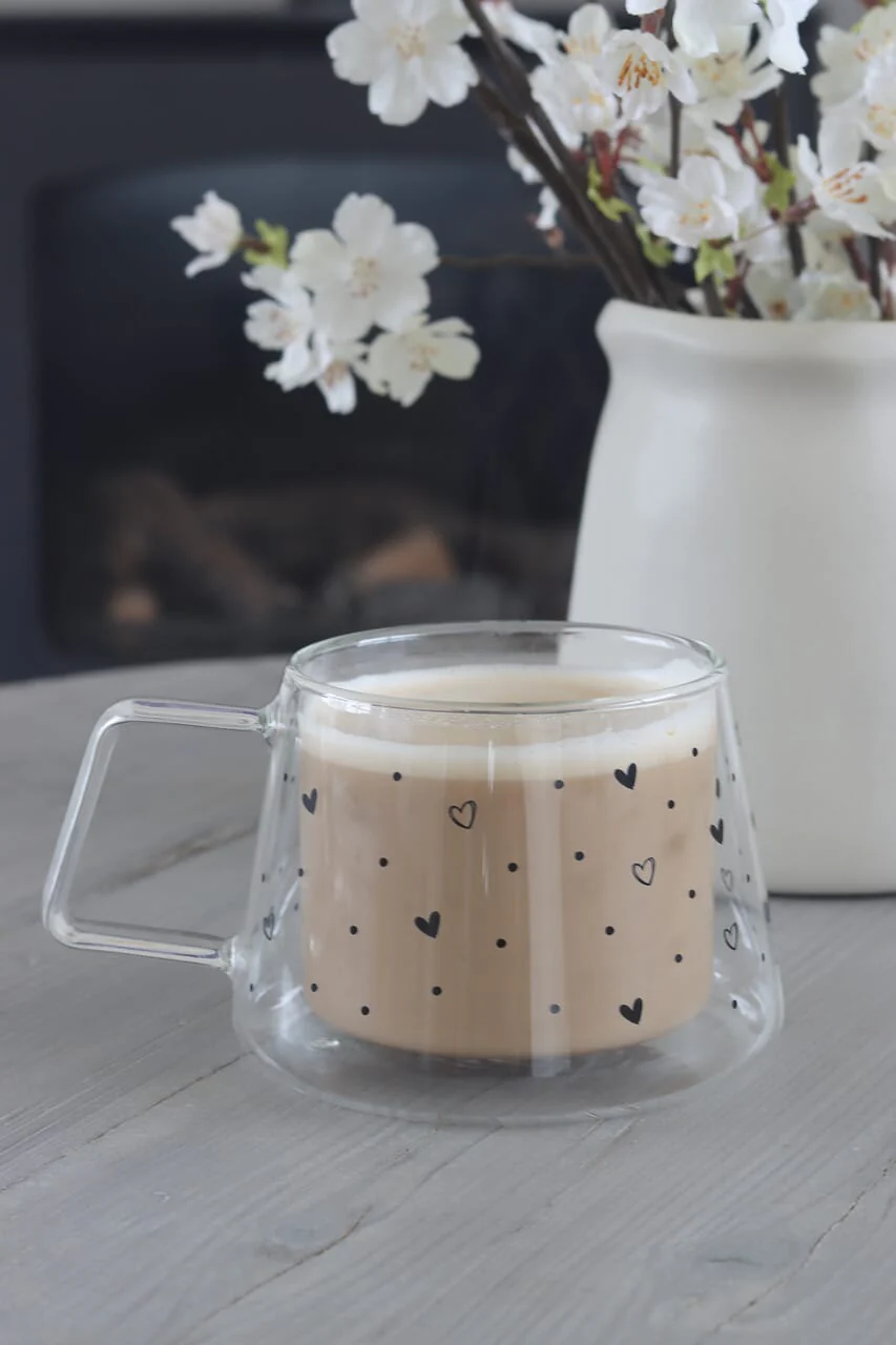 Wrap Around Double Walled Glass Mug – Hearts & Dots Black