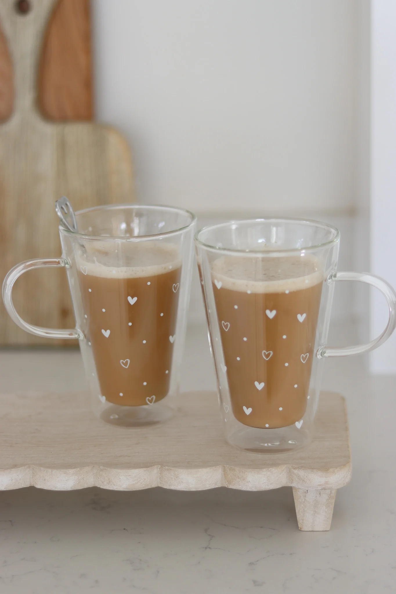 Double Walled Glass Latte Mugs Set - 2 Piece - Hearts And Dots/White