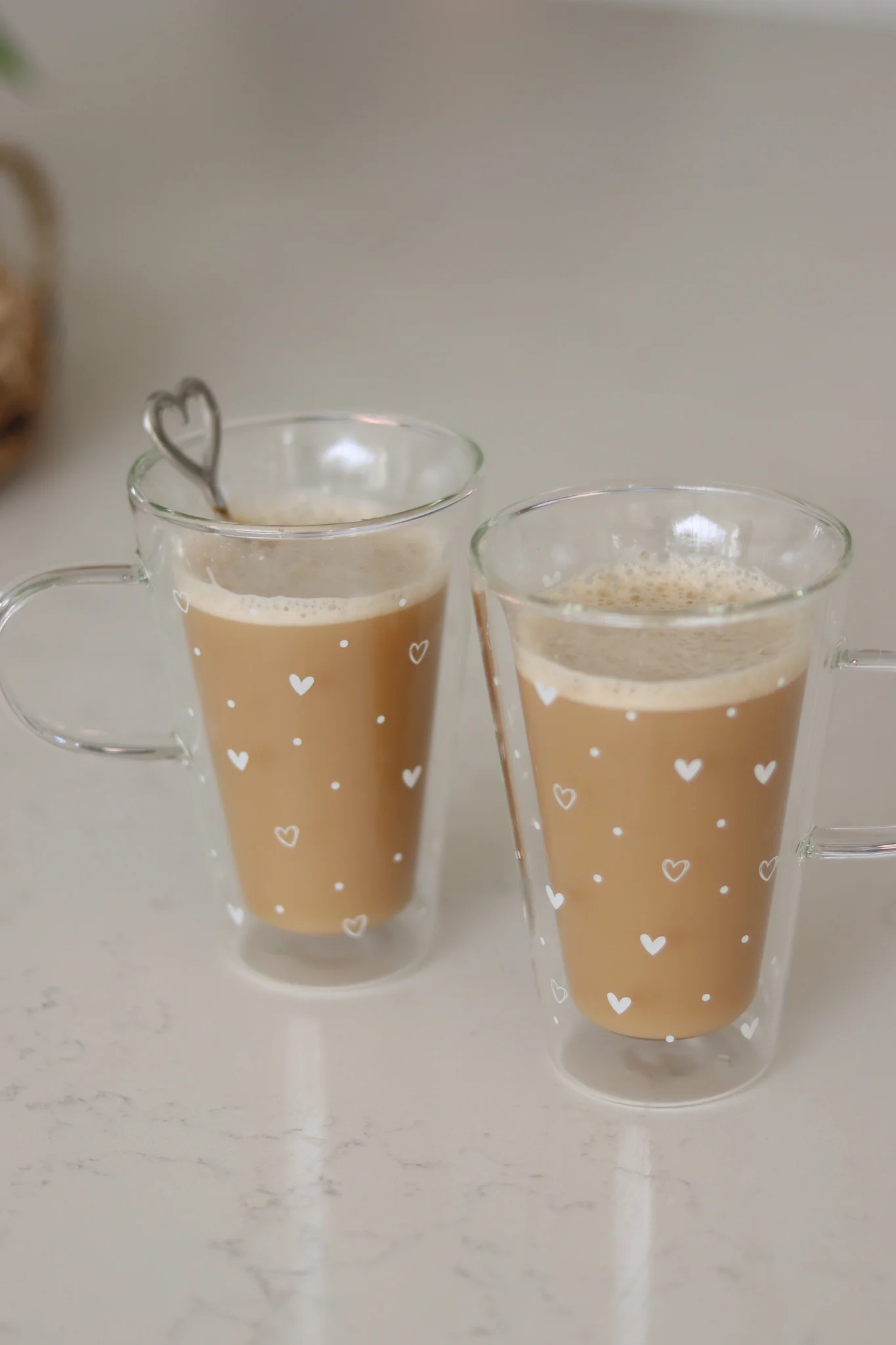 Double Walled Glass Latte Mugs Set - 2 Piece - Hearts And Dots/White - Image 2