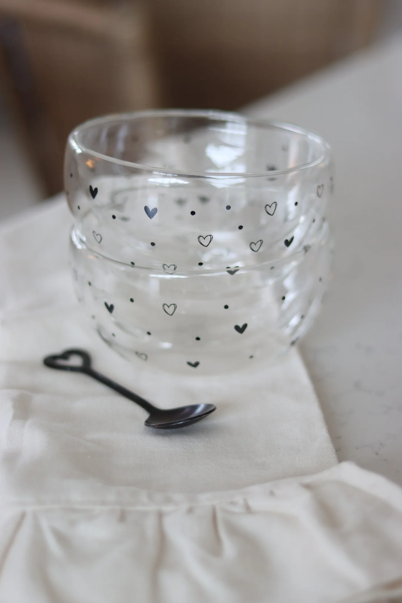 Glass Bowl Set – 2 Piece – Black/Hearts & Dots