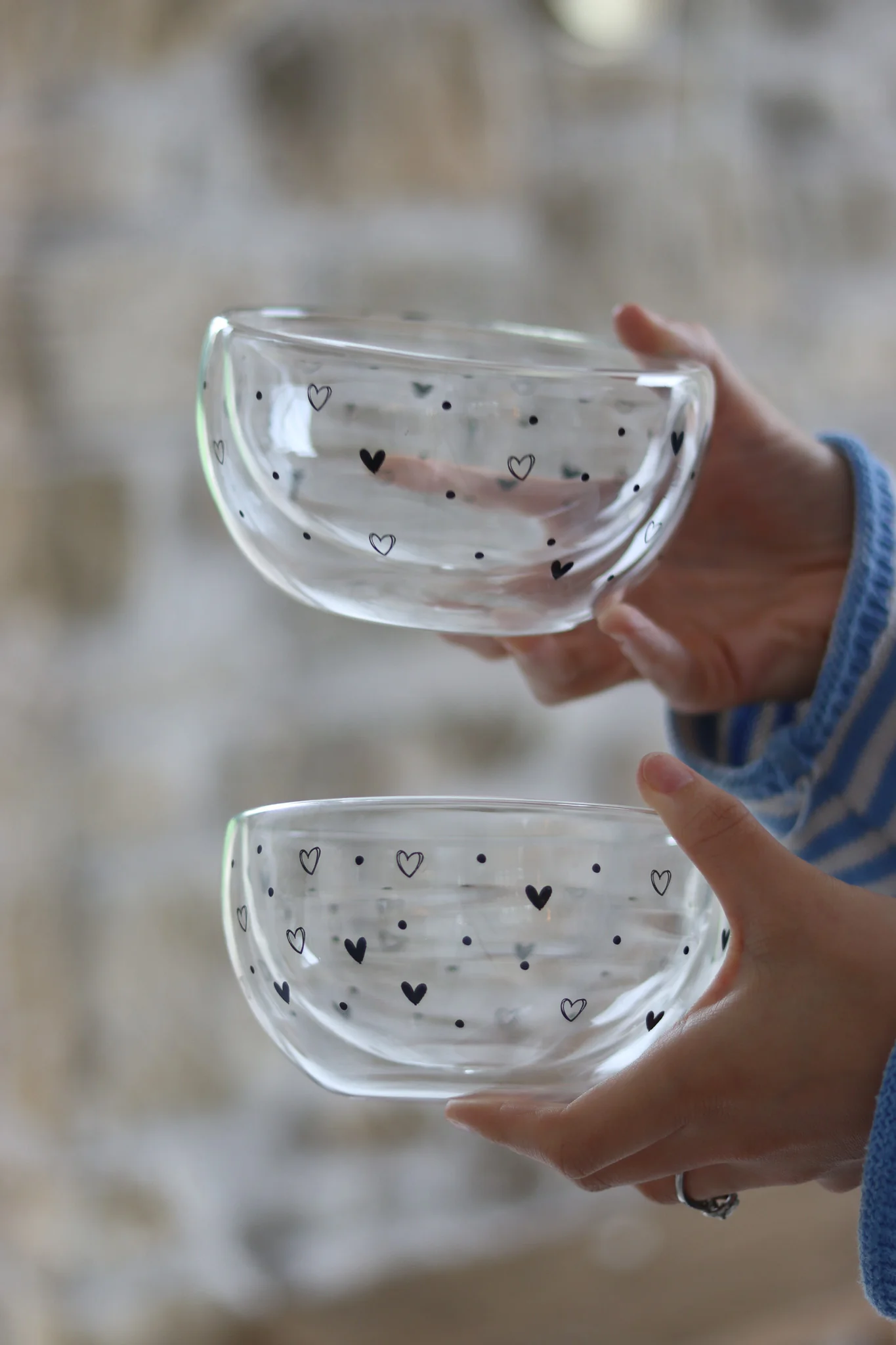 Glass Bowl Set – 2 Piece – Black/Hearts & Dots - Image 2