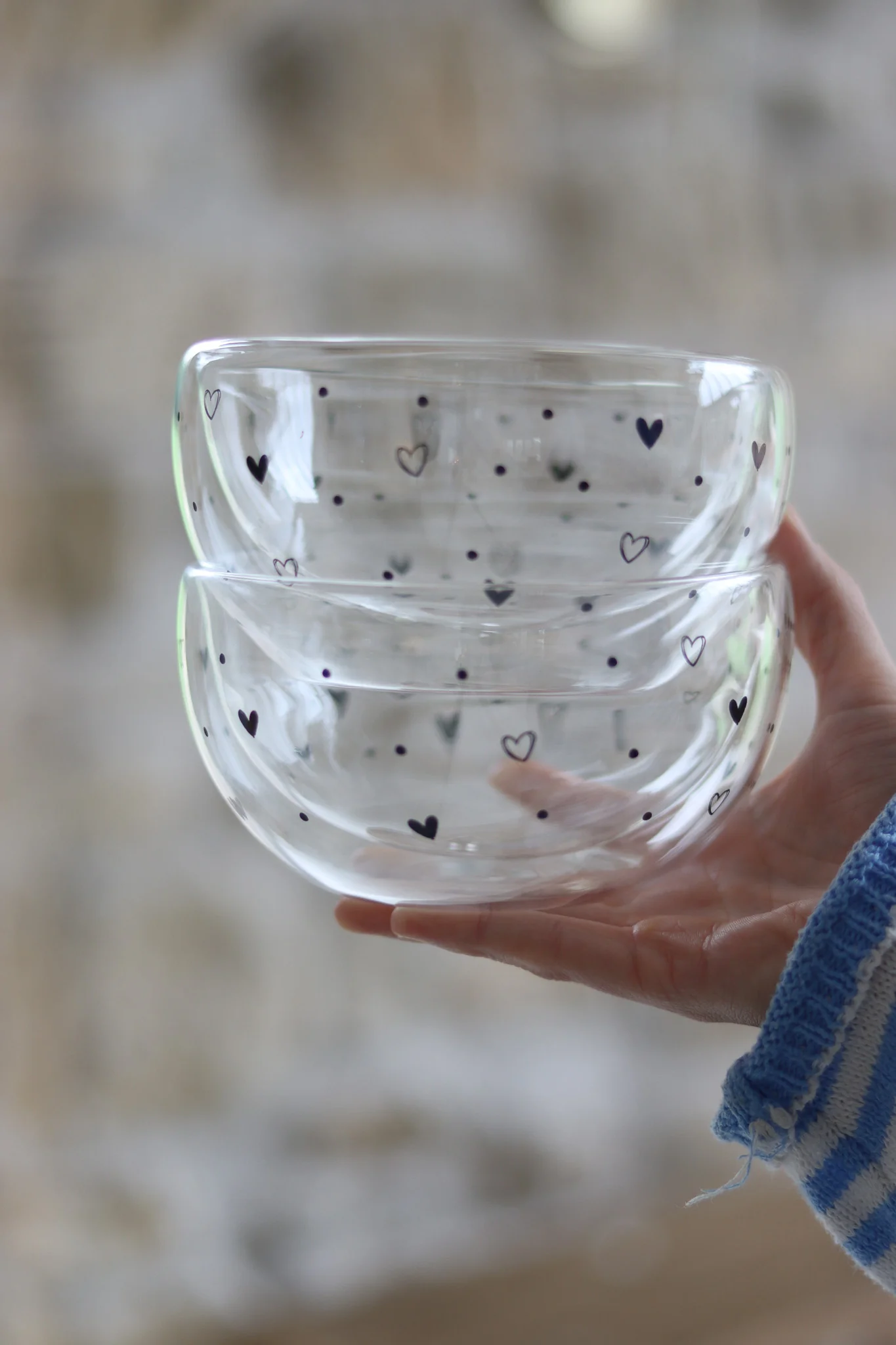 Glass Bowl Set – 2 Piece – Black/Hearts & Dots - Image 3