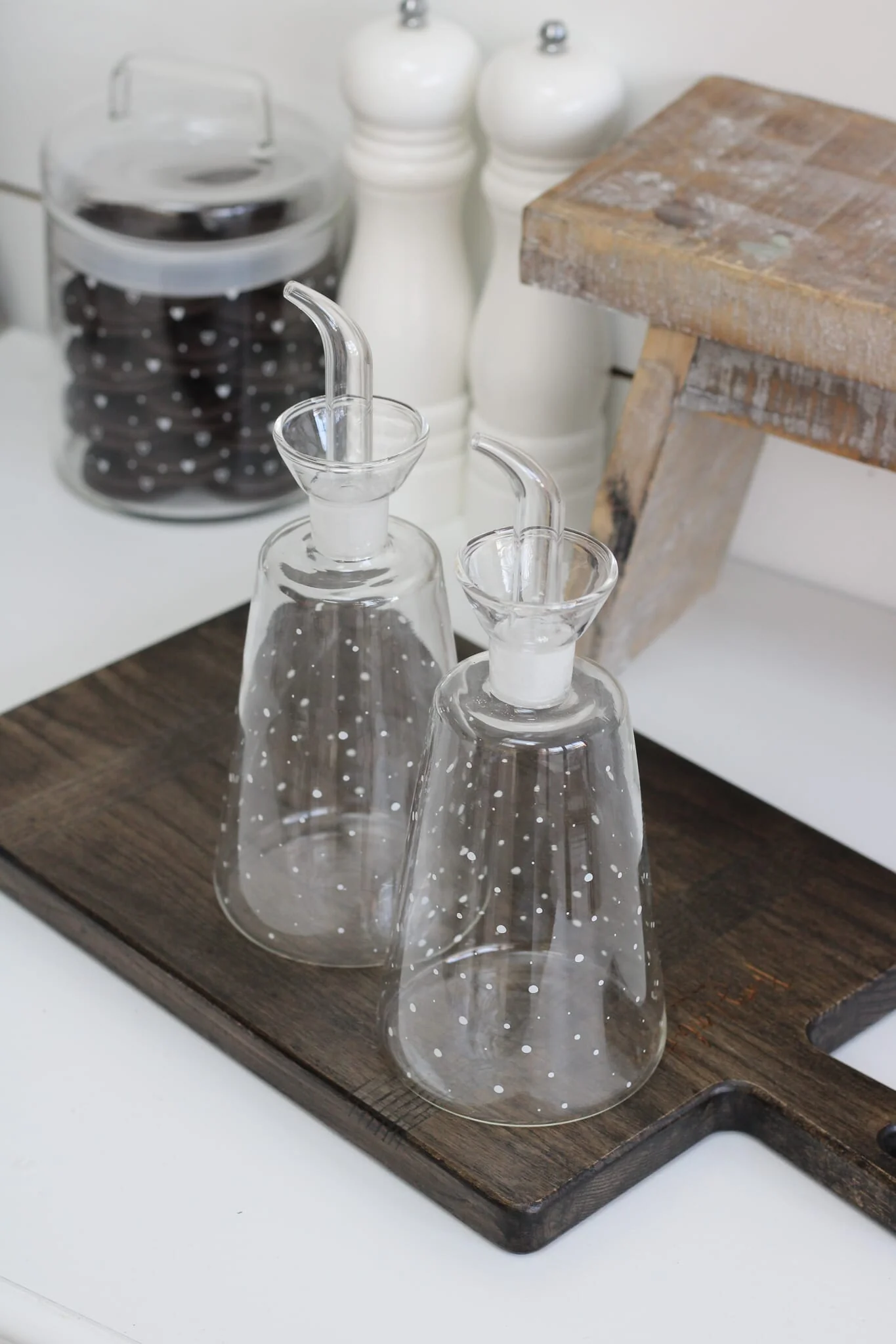 Glass Oil & Vinegar Bottles - White Polka Dots/Small