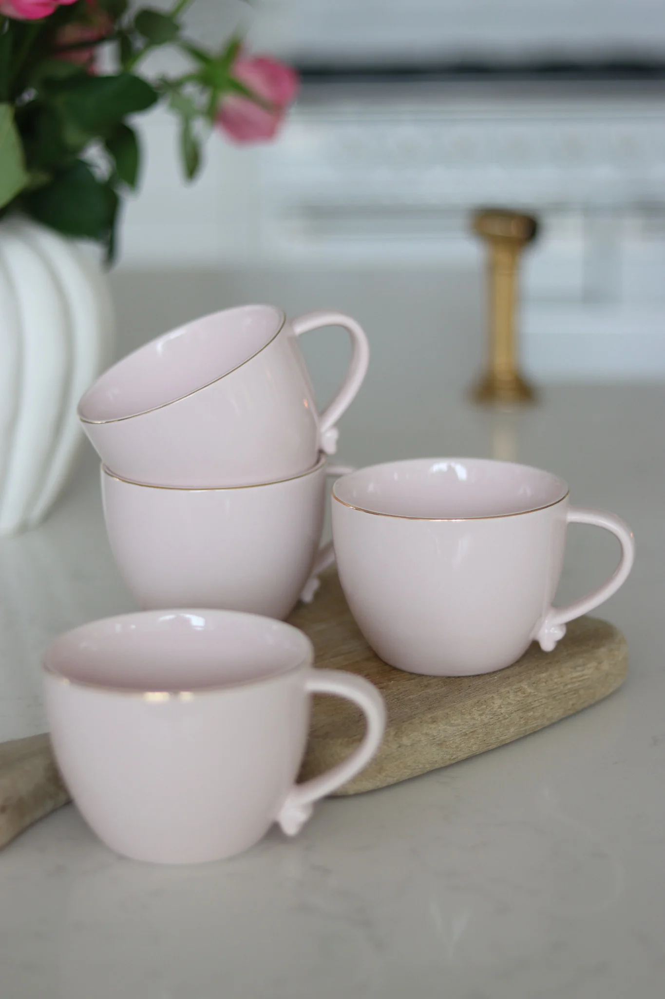 Heart Handled Ceramic Mug Set – 4 Piece – Pink Gold Trim