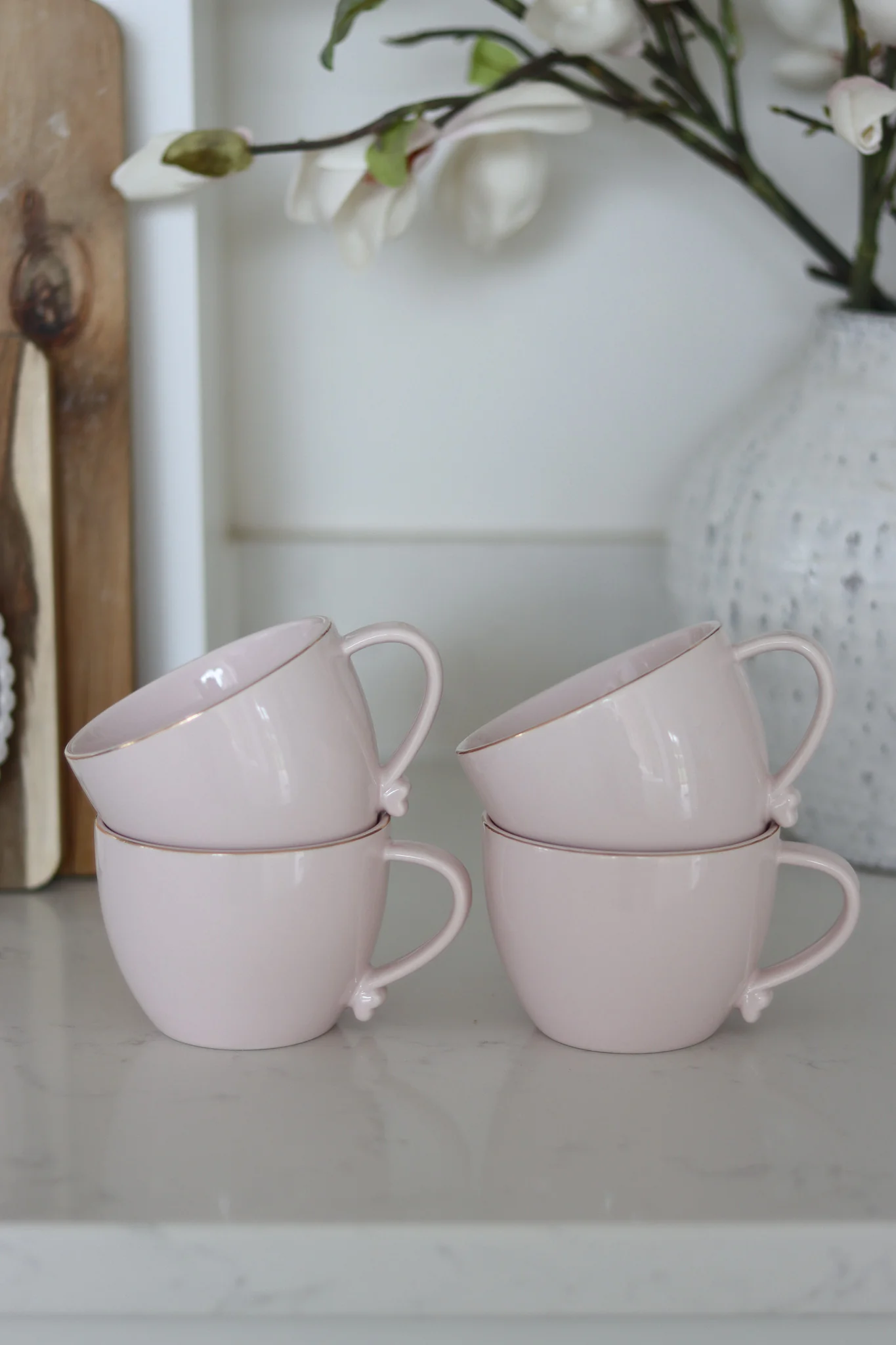 Heart Handled Ceramic Mug Set – 4 Piece – Pink Gold Trim - Image 3