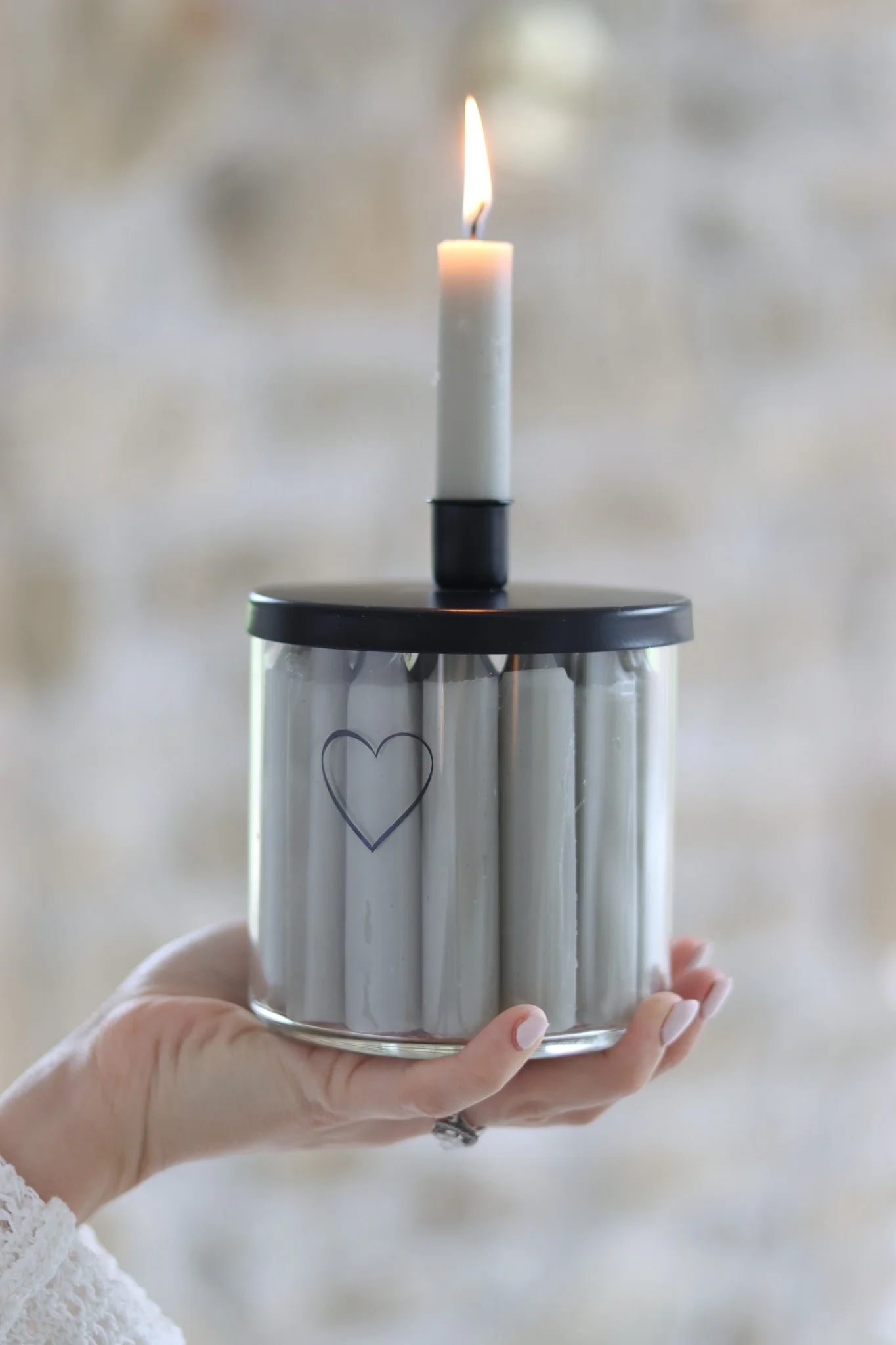 Large Glass Candle Holder - Black/Single Heart - Image 2