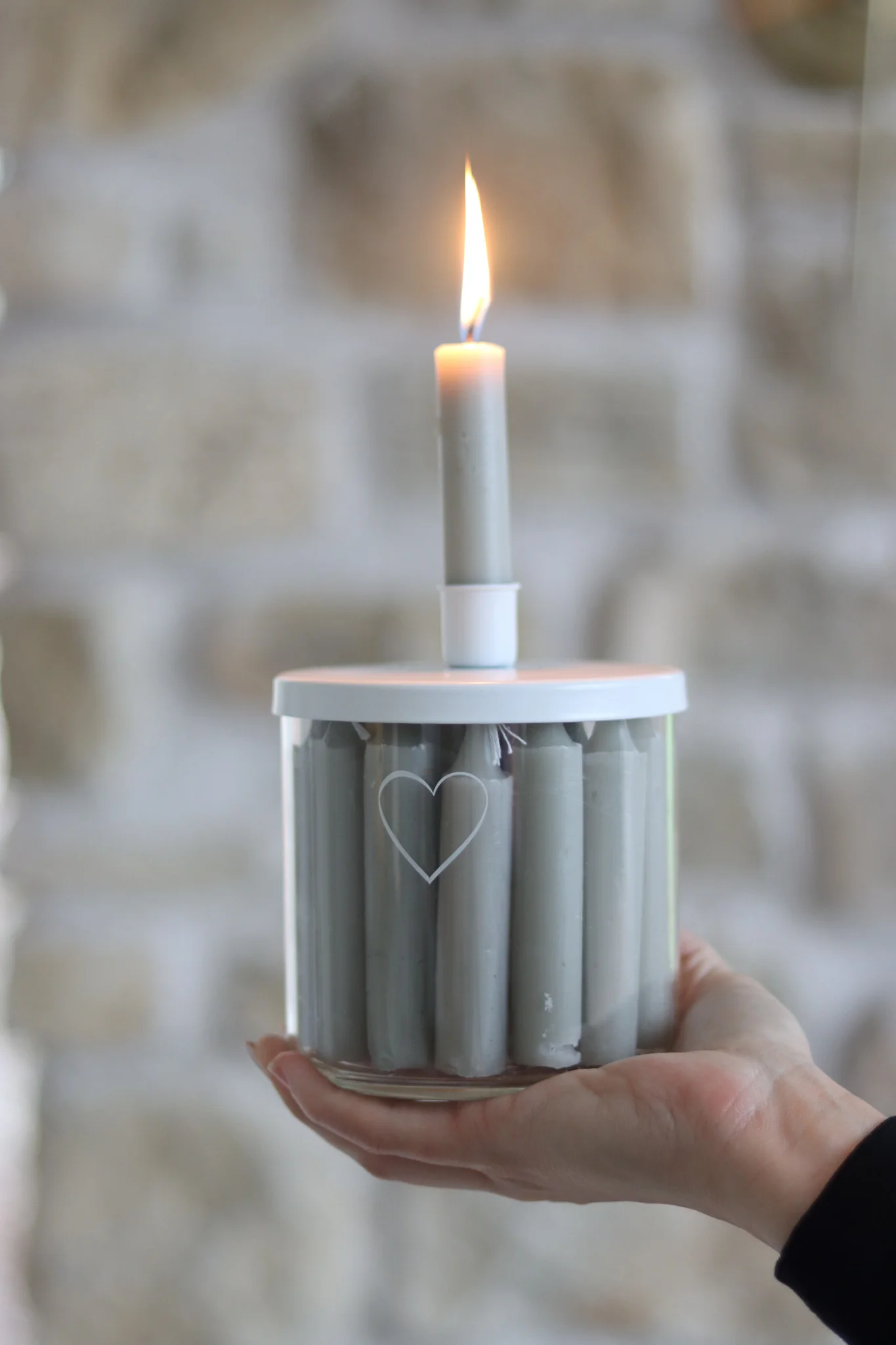 Large Glass Candle Holder - White/Single Heart - Image 2