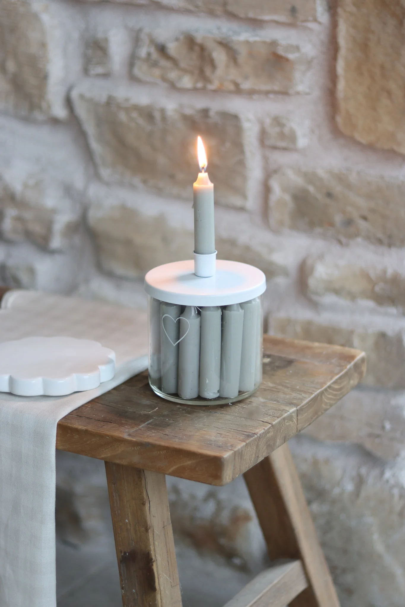 Large Glass Candle Holder - White/Single Heart - Image 3