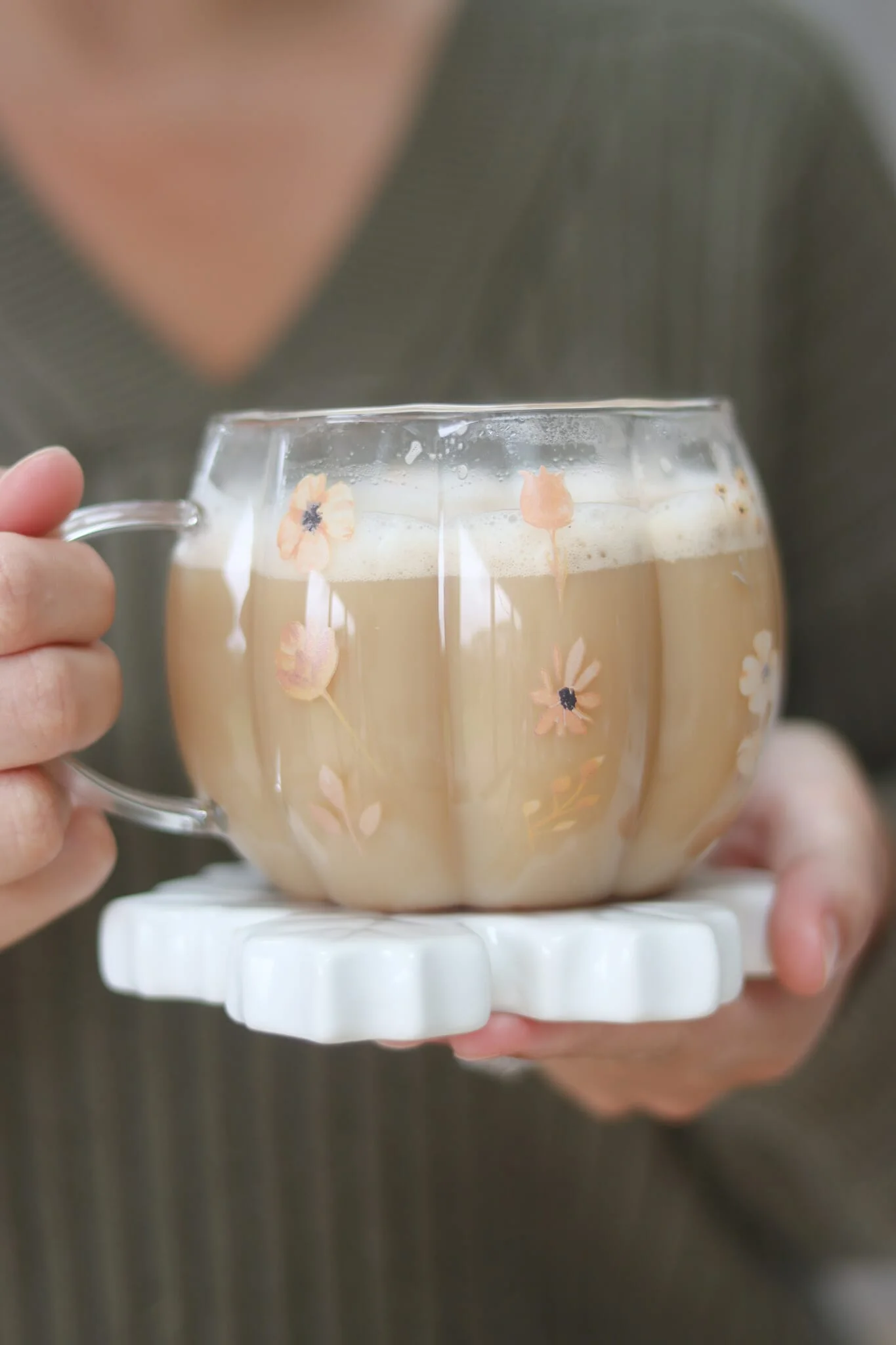 Large Glass Pumpkin Mug - Bright Floral - Image 2