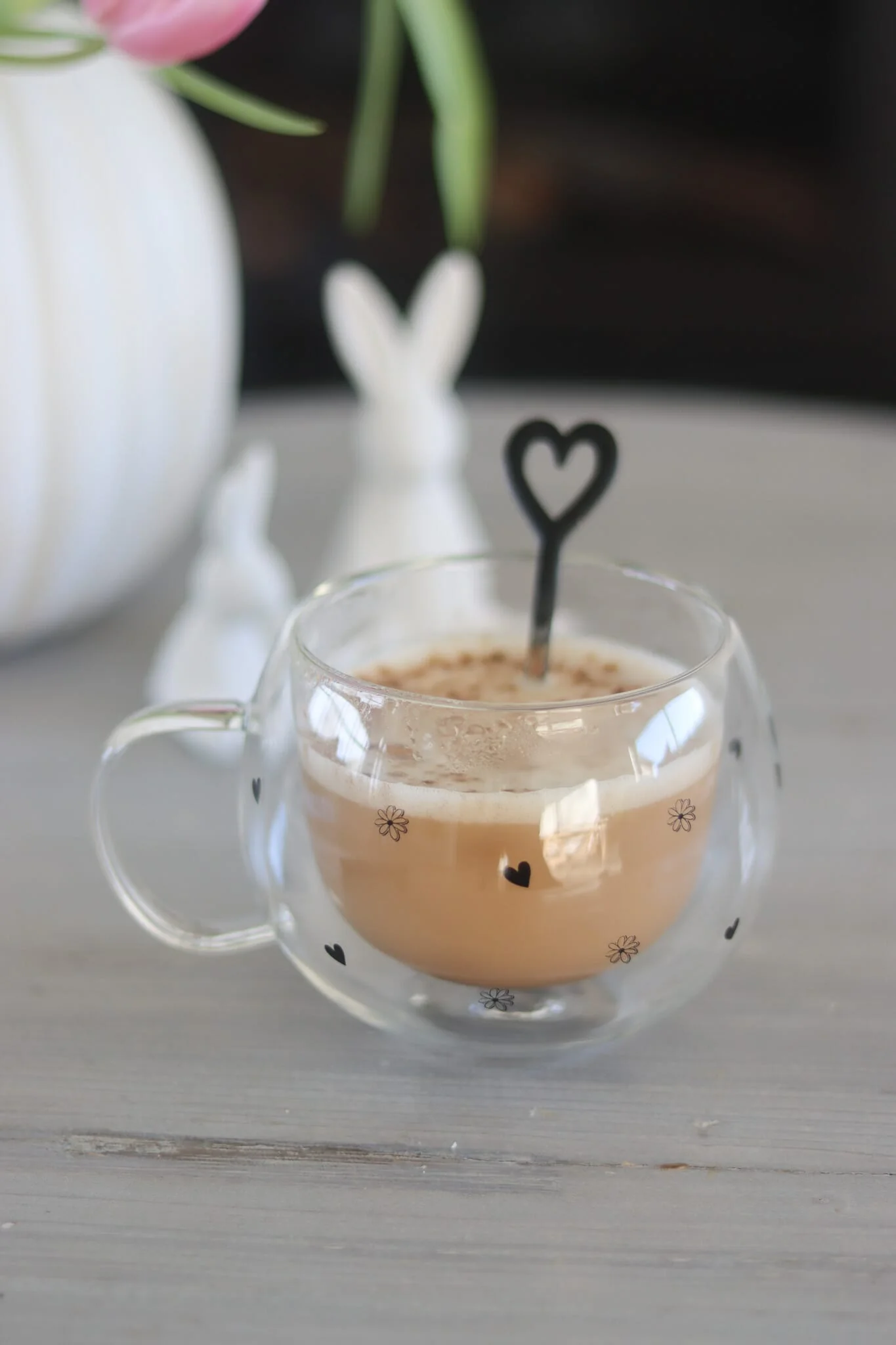 Round Double Wall Glass Mug Black - Daisy Hearts
