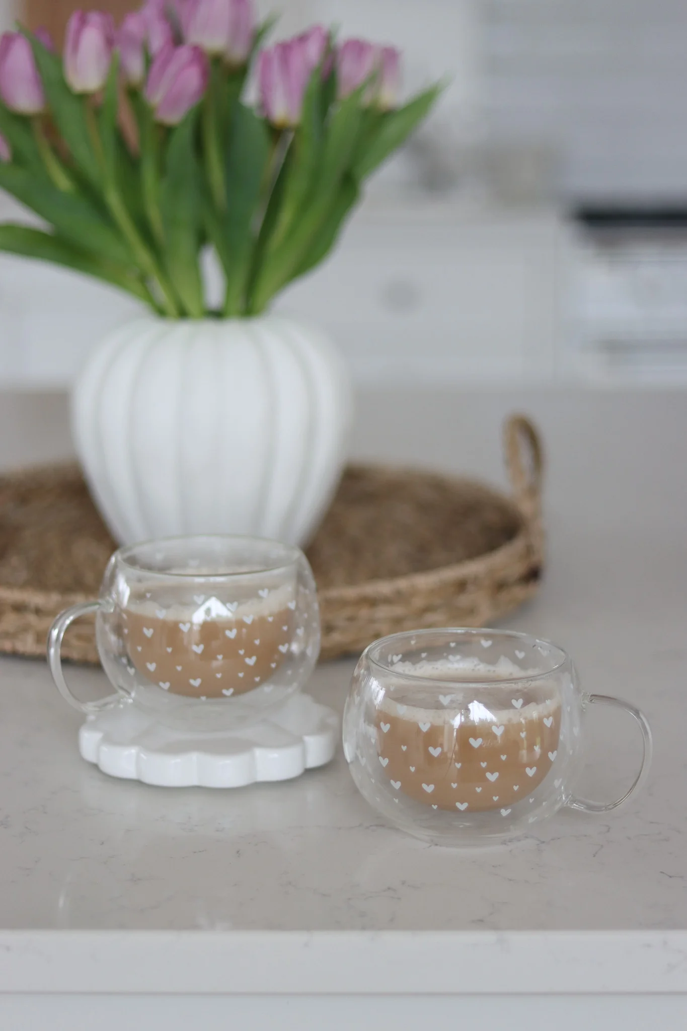 Round Double Walled Glass Mug Set - 2 Piece - Multi Heart/White
