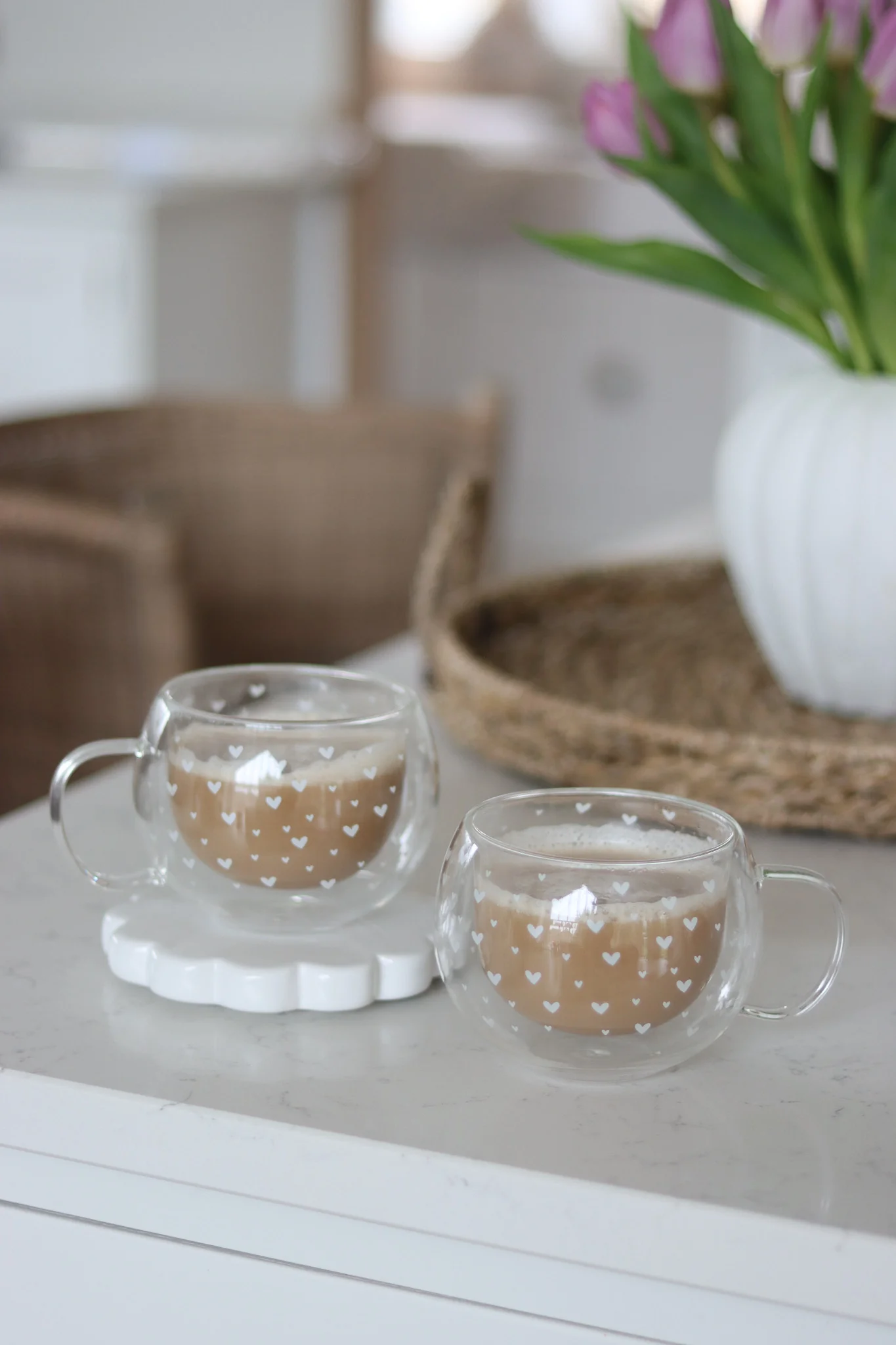 Round Double Walled Glass Mug Set - 2 Piece - Multi Heart/White - Image 3