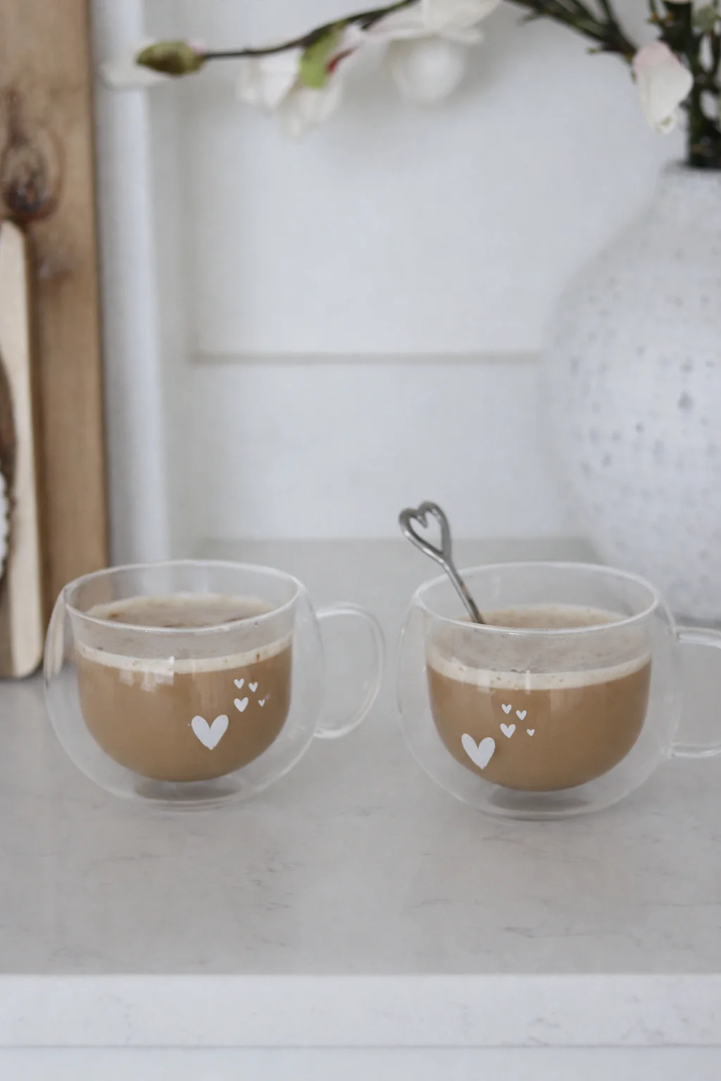 Round Double Walled Glass Mug Set - 2 Piece - White Dream Hearts - Image 2