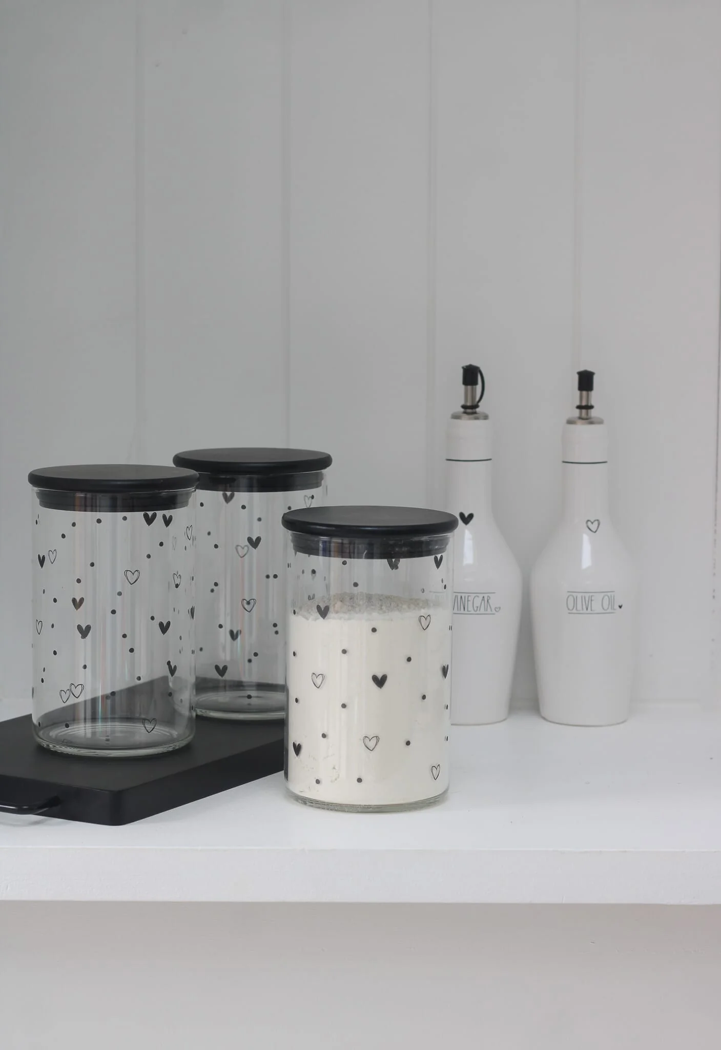 Set 3 Bamboo Storage Jars- Hearts&Dots Black lid 1000ml