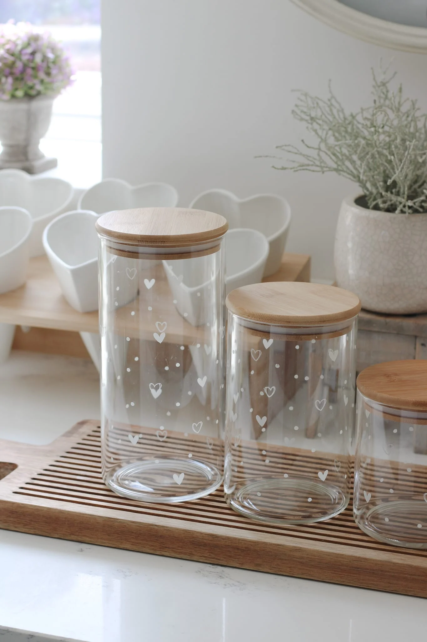 Set 3 Bamboo Storage Jar-Hearts&Dots Natural lid 1400ml - Image 3
