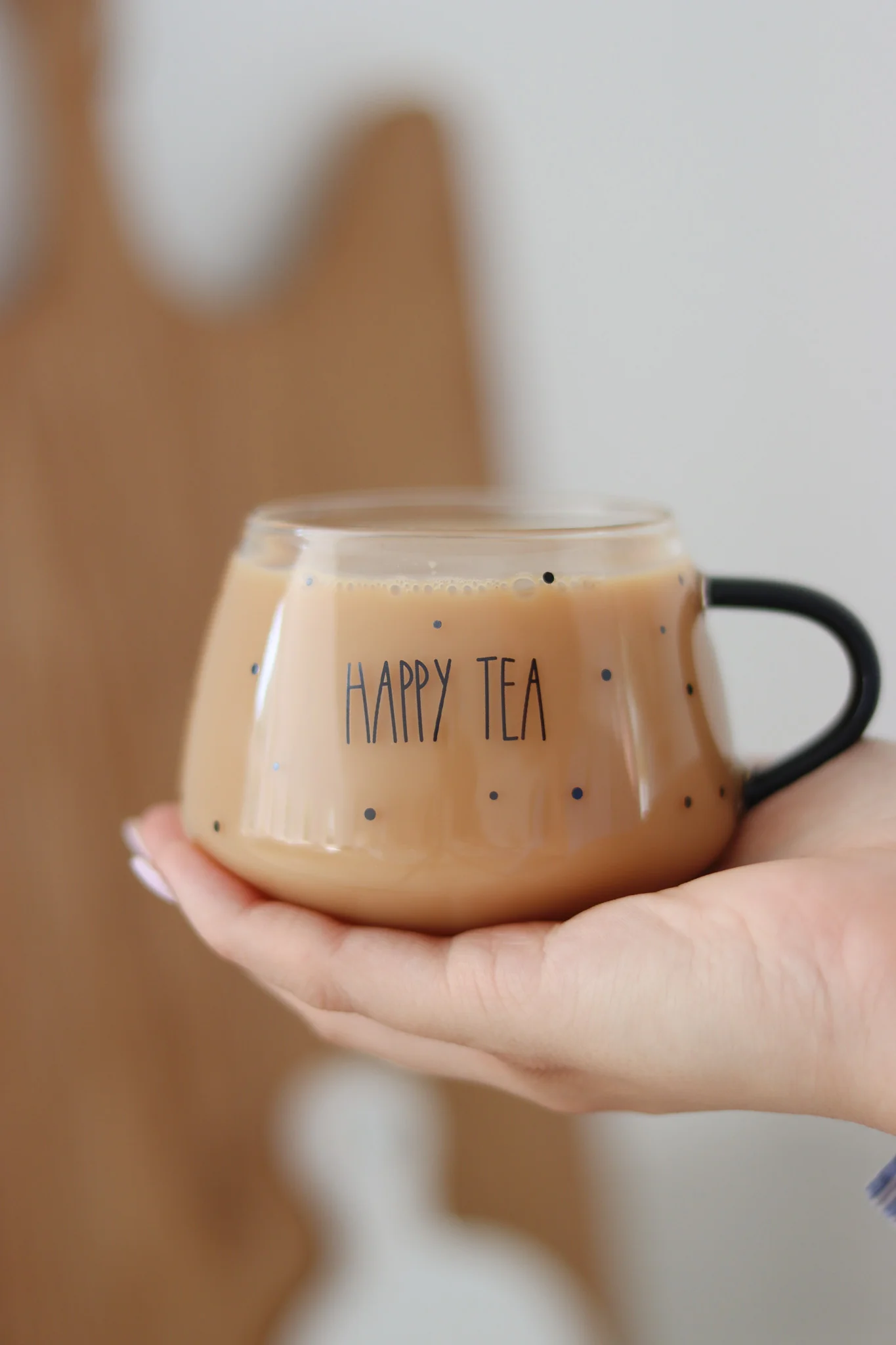 Set Of 2 Short Glass Mugs - Black Handled/Happy Tea - Image 2