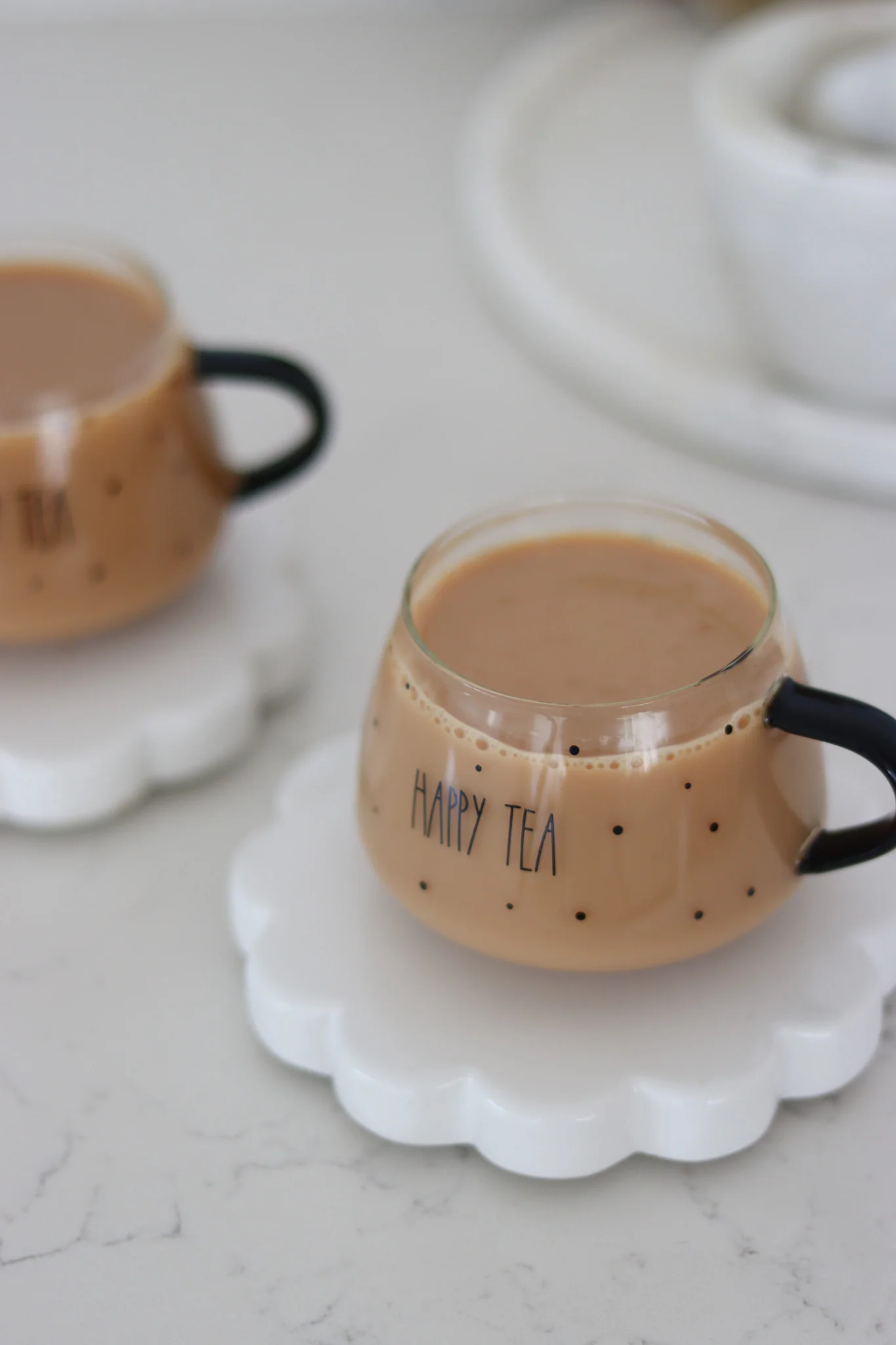 Set Of 2 Short Glass Mugs - Black Handled/Happy Tea - Image 3