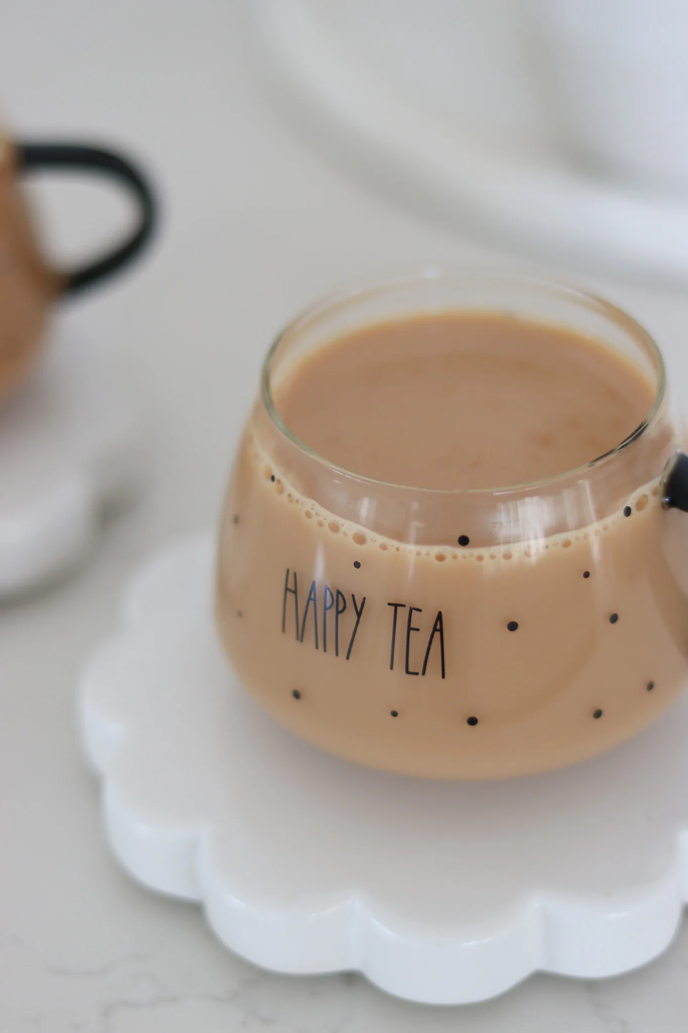 Set Of 2 Short Glass Mugs - Black Handled/Happy Tea - Image 4