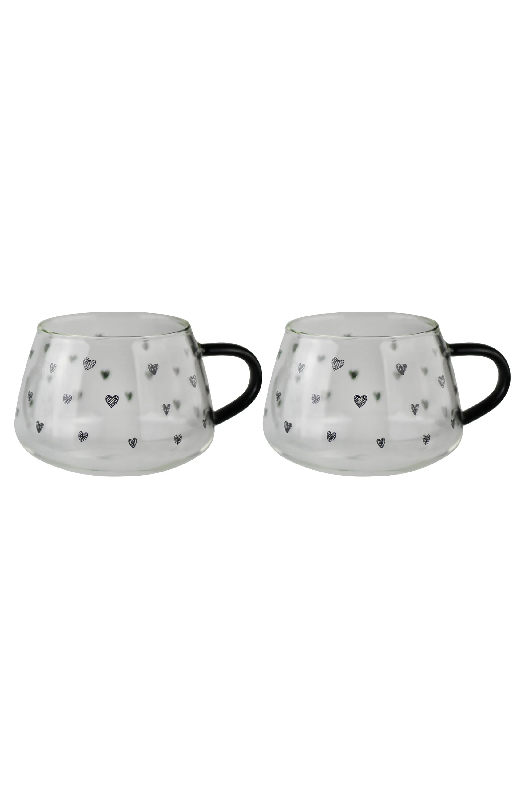 Set Of 2 Short Glass Mugs - Black Handled/MultiHearts
