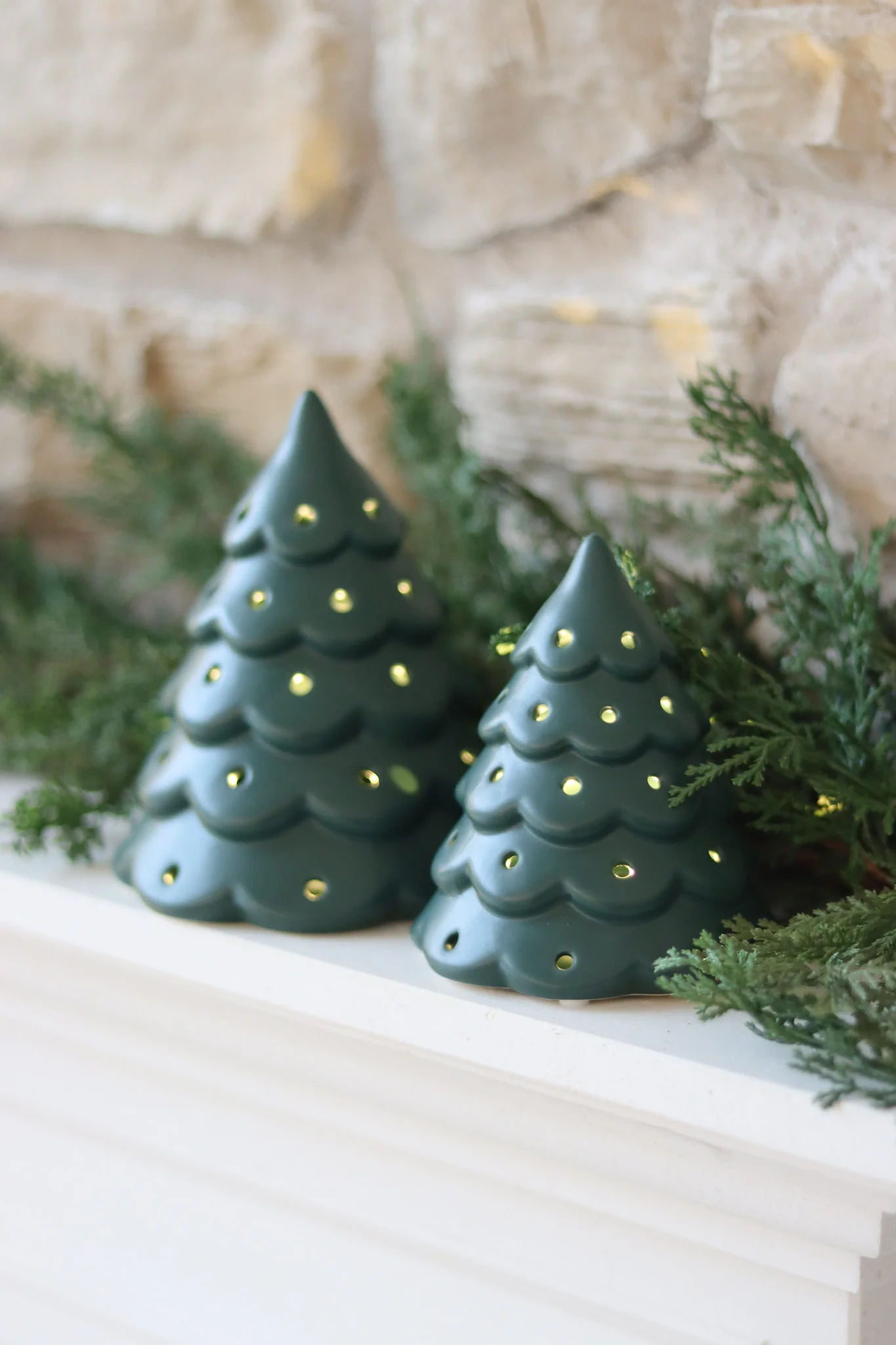 Set of 2 LED Ceramic Trees – Scalloped Green