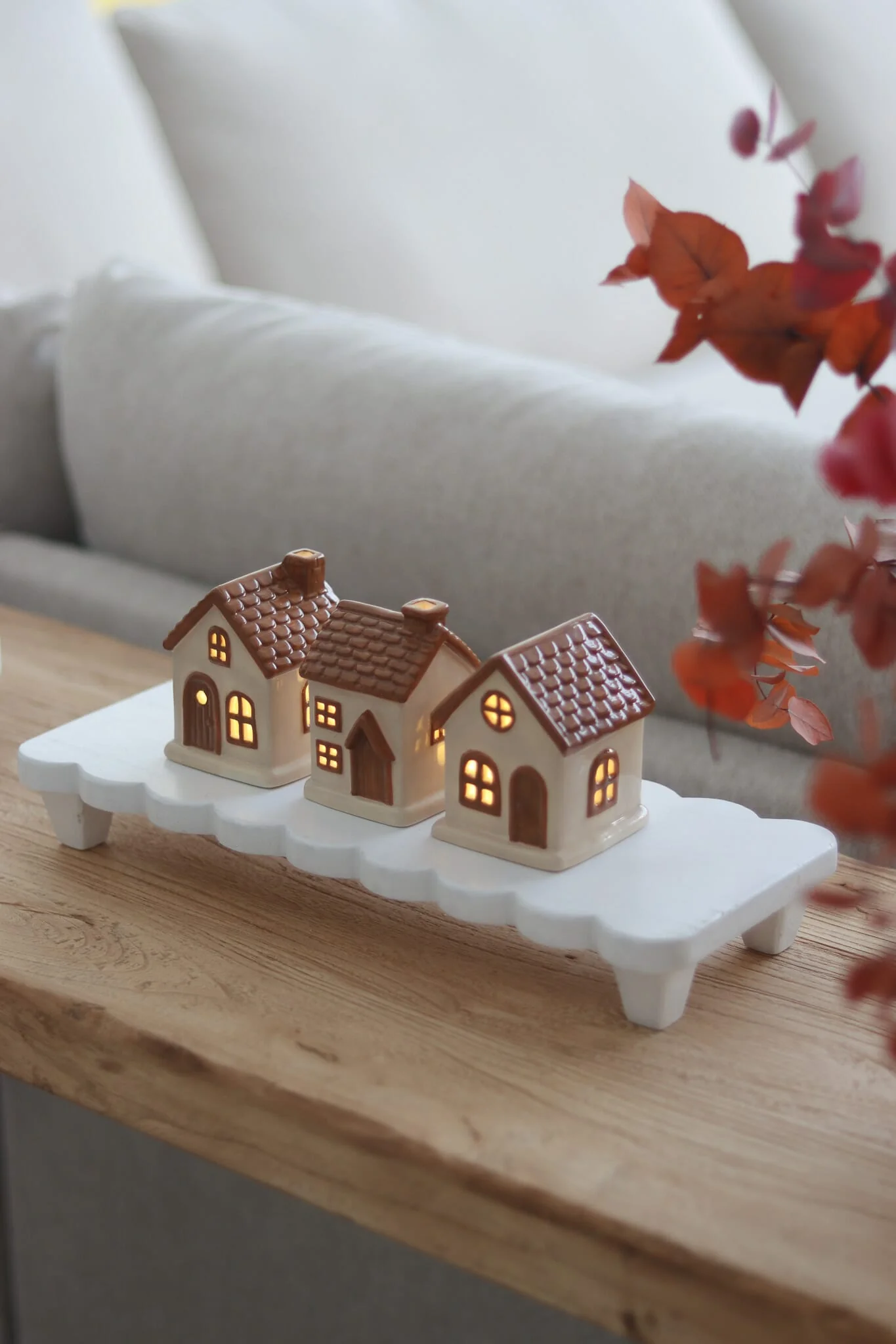 Set of 3 LED Autumn Ceramic Houses – Brown