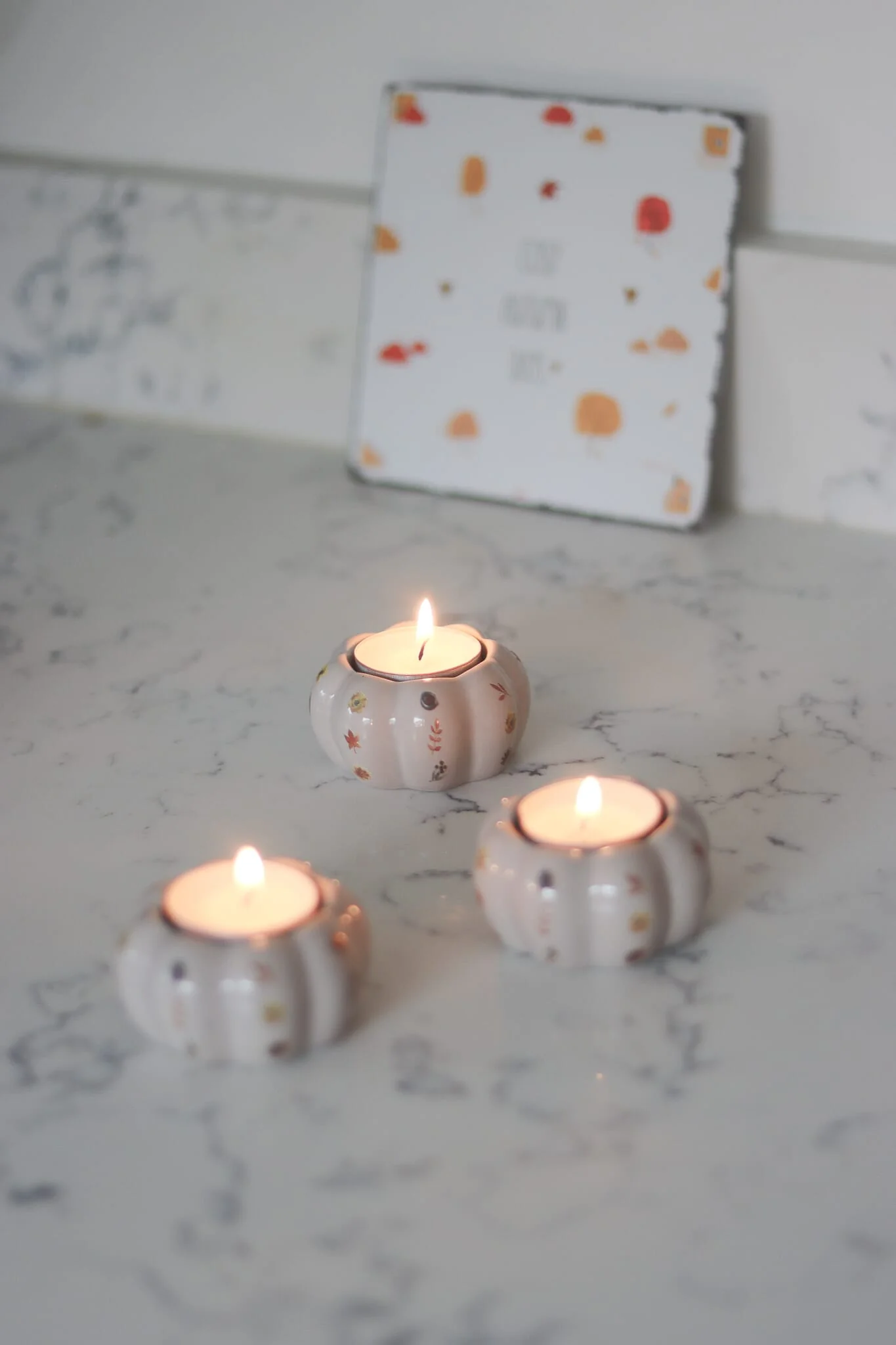 Set of 3 Pumpkin Tea Light Holders - Autumn Floral