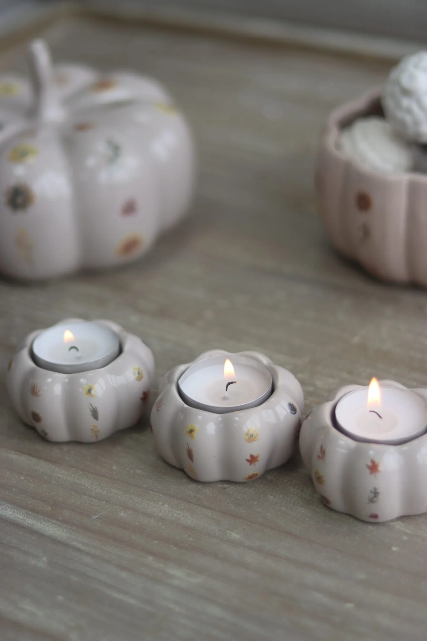 Set of 3 Pumpkin Tea Light Holders - Autumn Floral - Image 3