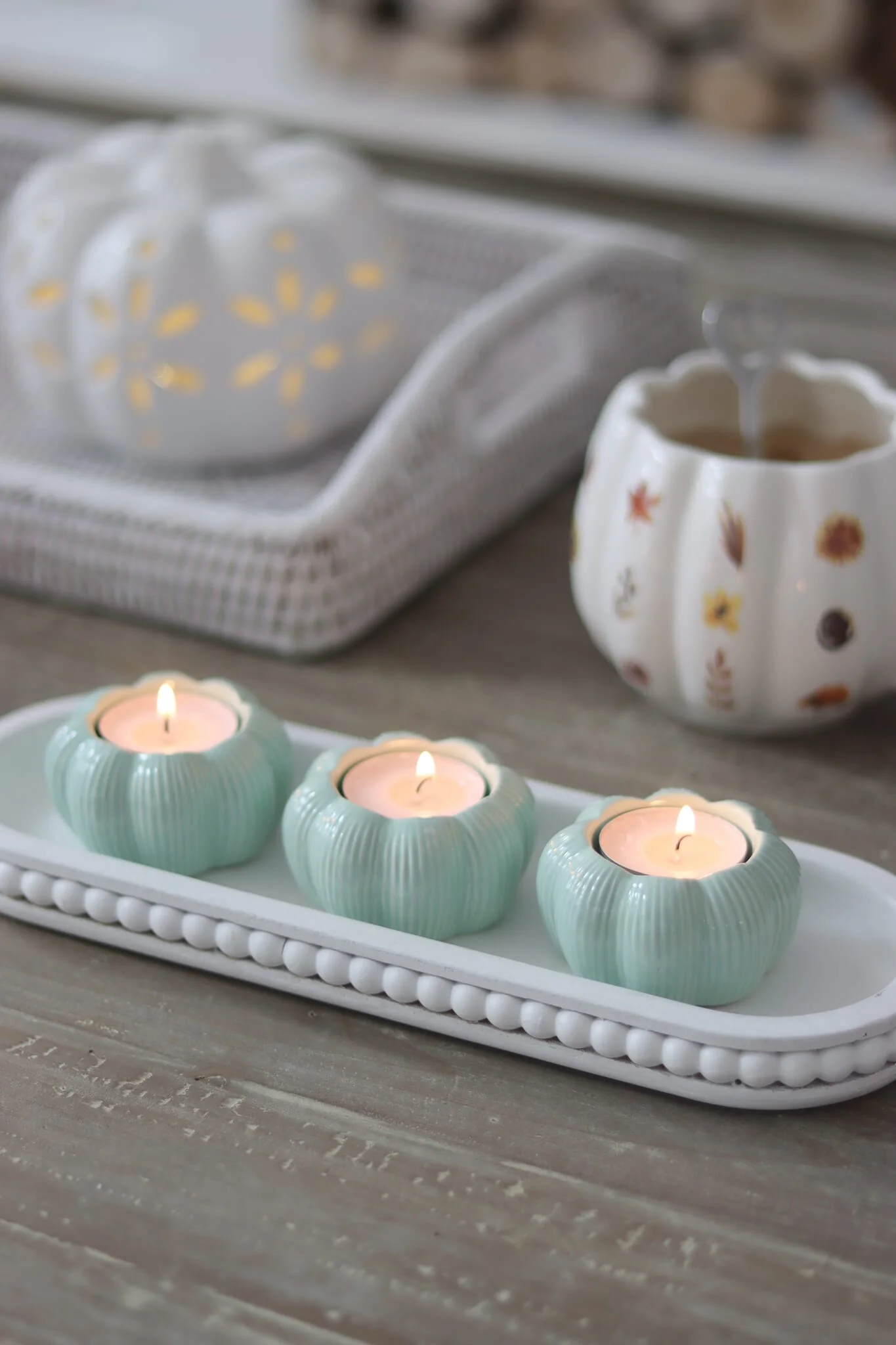 Set of 3 Pumpkin Tea Light Holders - Light Green
