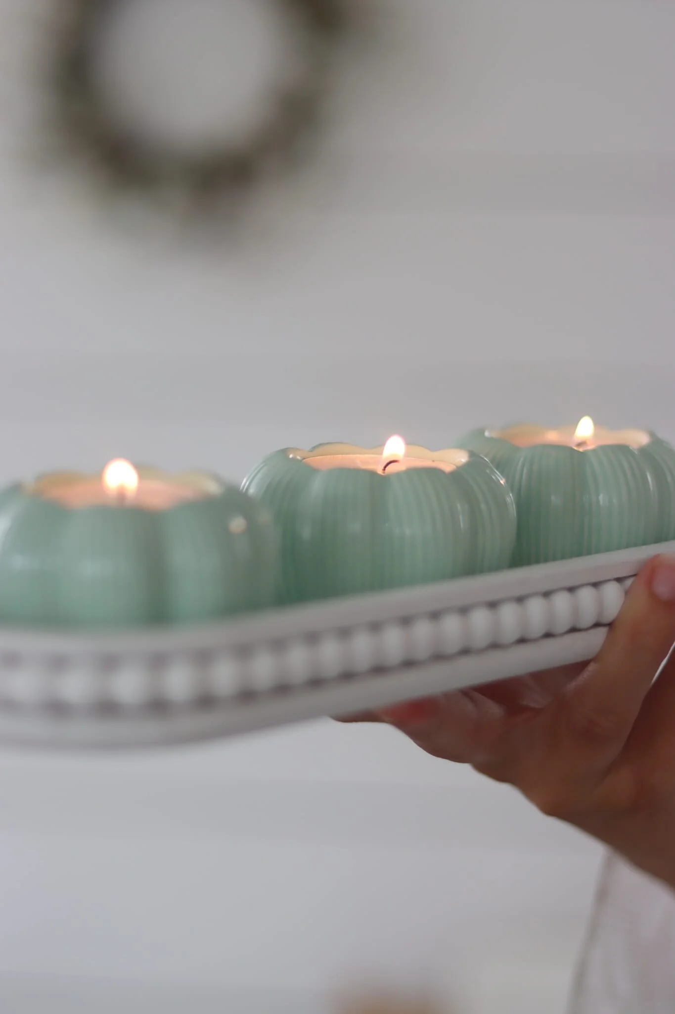 Set of 3 Pumpkin Tea Light Holders - Light Green - Image 3