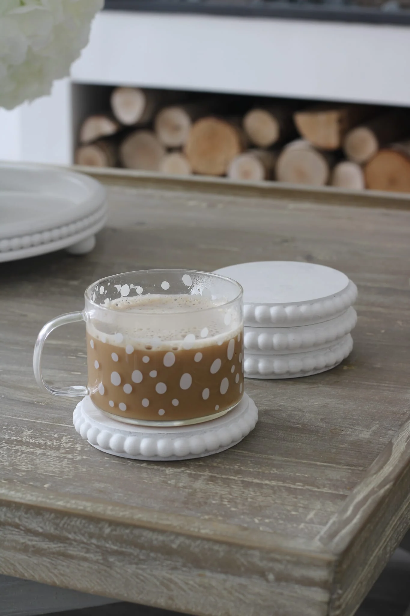 Beaded Wooden Coaster set - White - Image 5