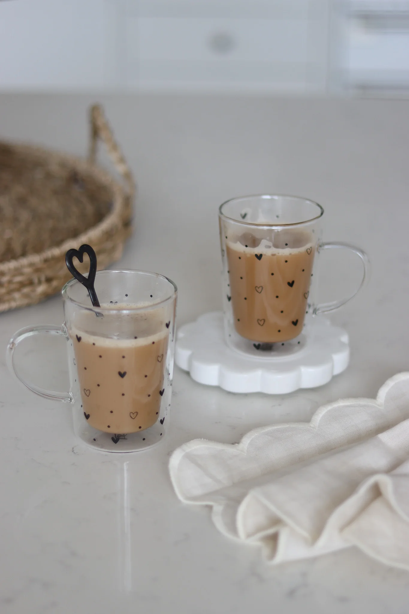 Slim Double Wall Glass Mug Set – 2 Piece – Hearts & Dots/Black