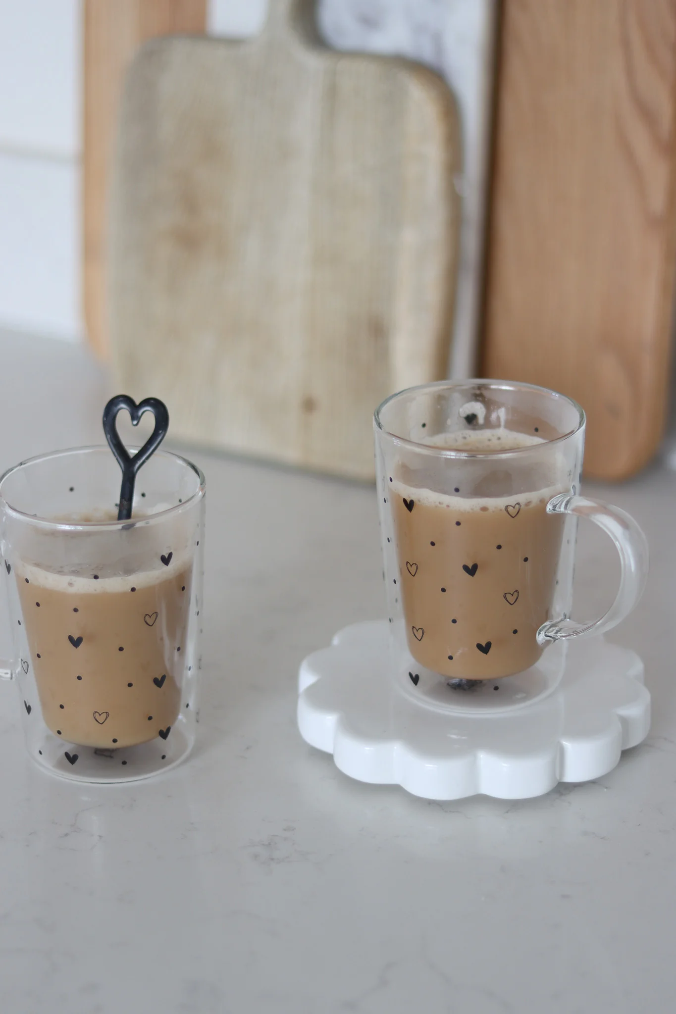 Slim Double Wall Glass Mug Set – 2 Piece – Hearts & Dots/Black - Image 2