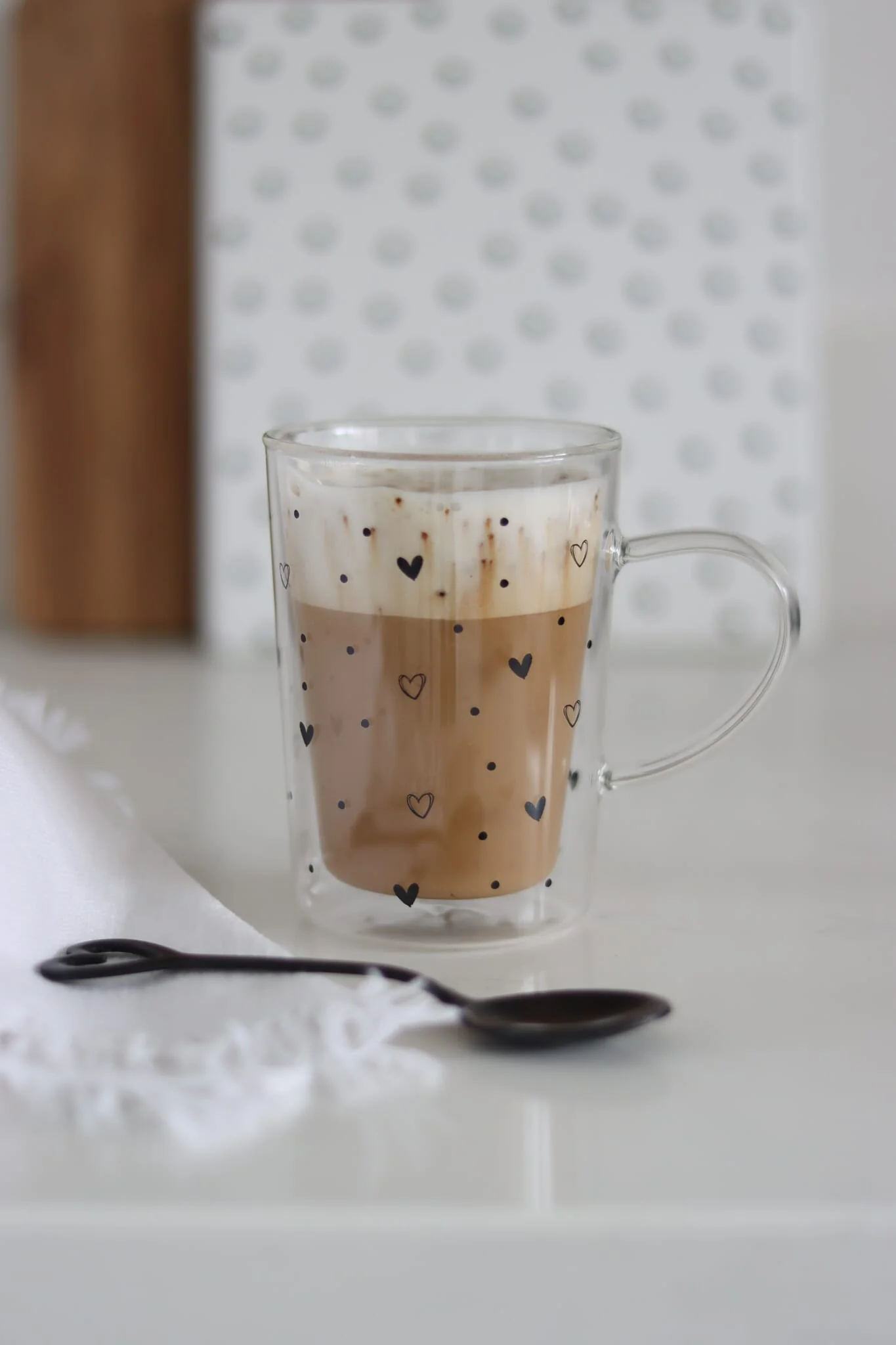 Slim Double Wall Glass Mug - Multi Hearts and Dots/Black