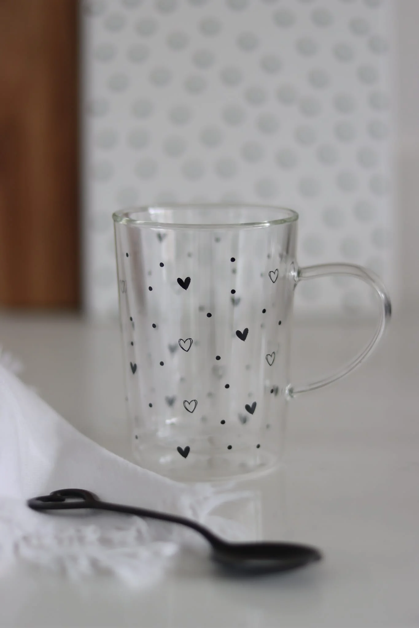 Slim Double Wall Glass Mug - Multi Hearts and Dots/Black - Image 2