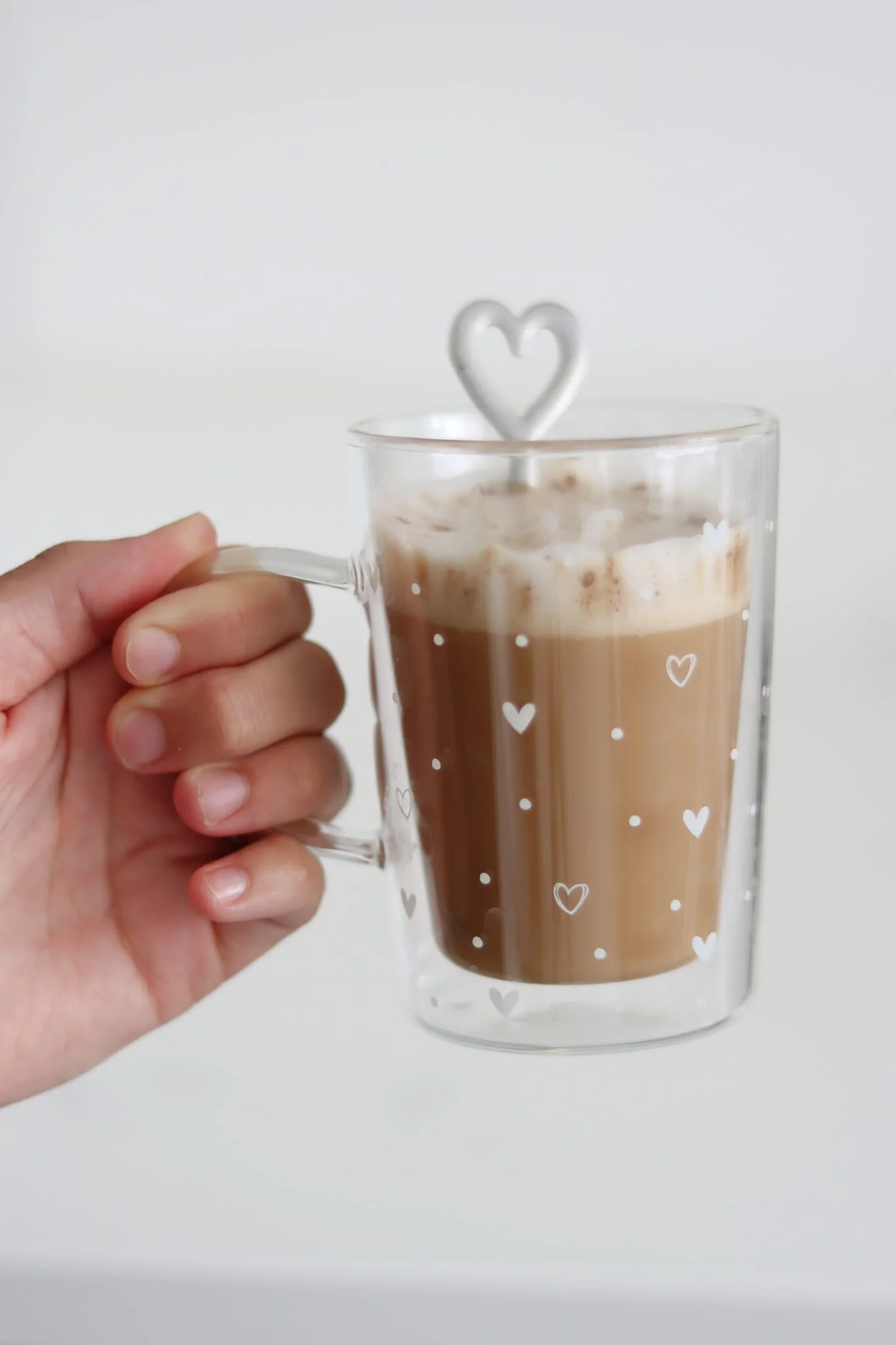 Slim Double Walled Glass Mug - Hearts and Dots/White