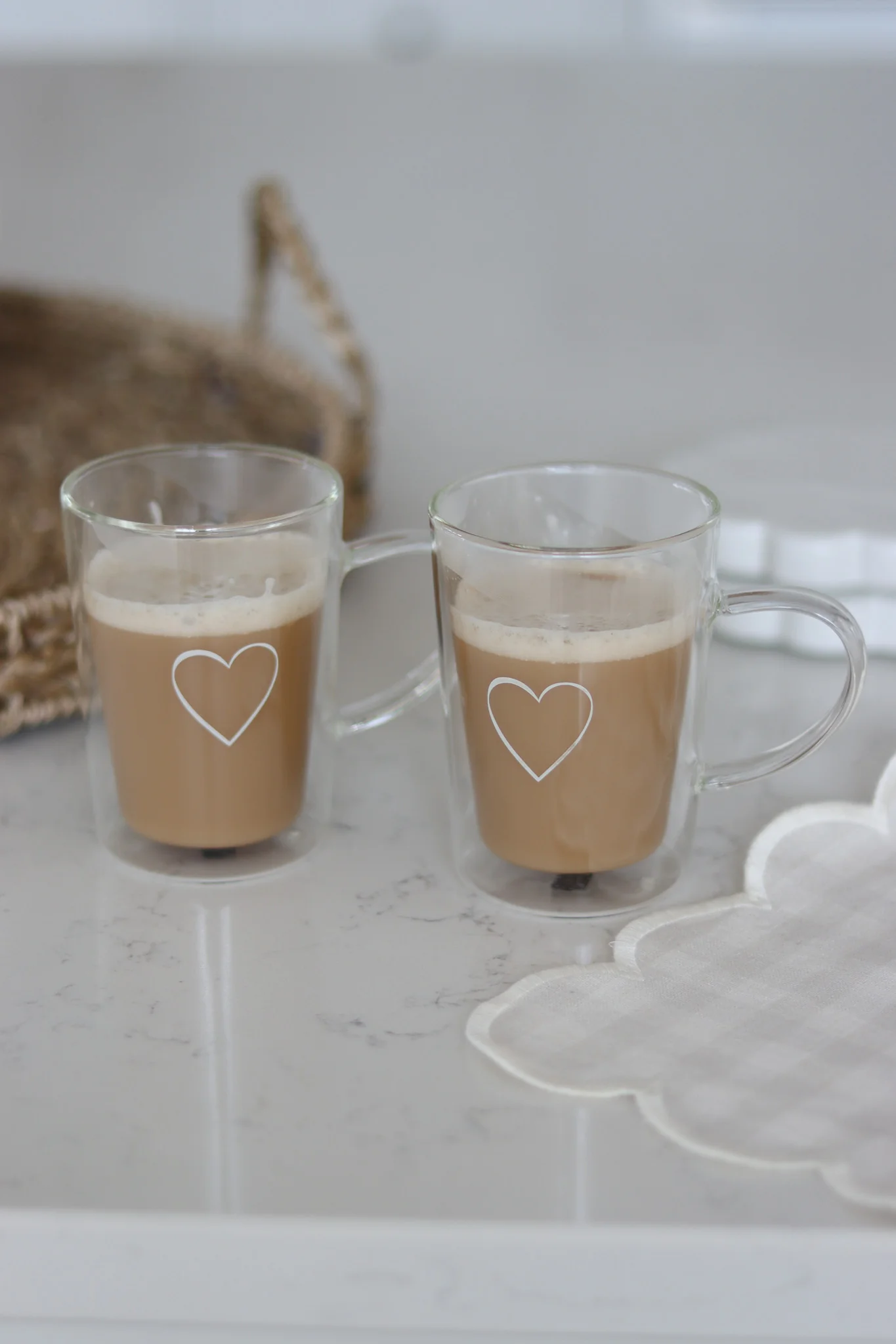 Slim Double Walled Glass Mug Set - 2 Piece -Single Heart/White