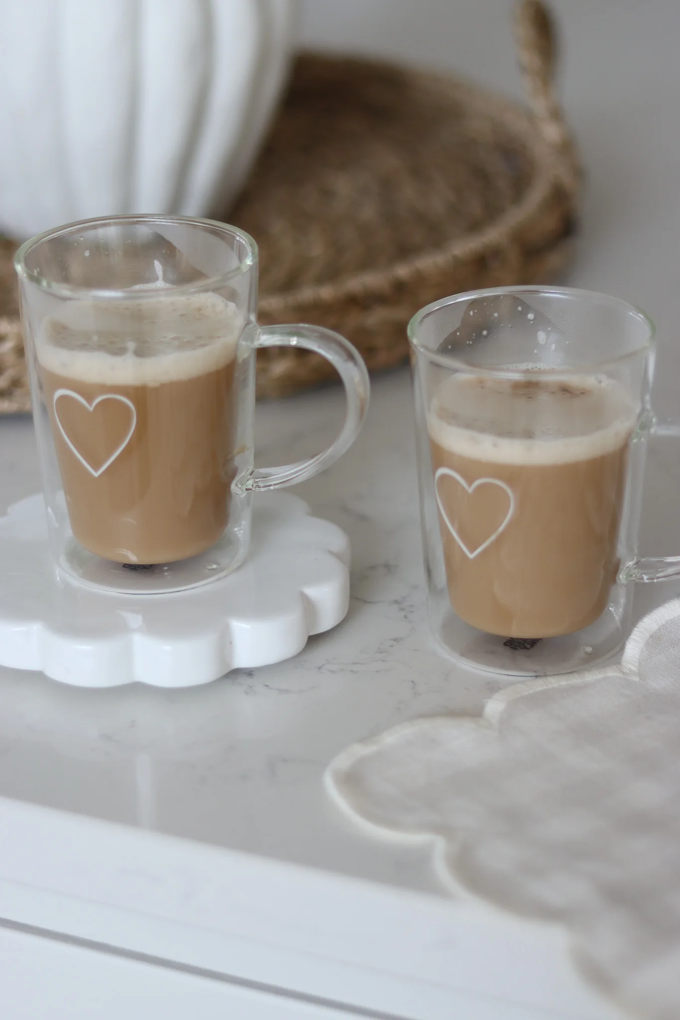 Slim Double Walled Glass Mug Set - 2 Piece -Single Heart/White - Image 2