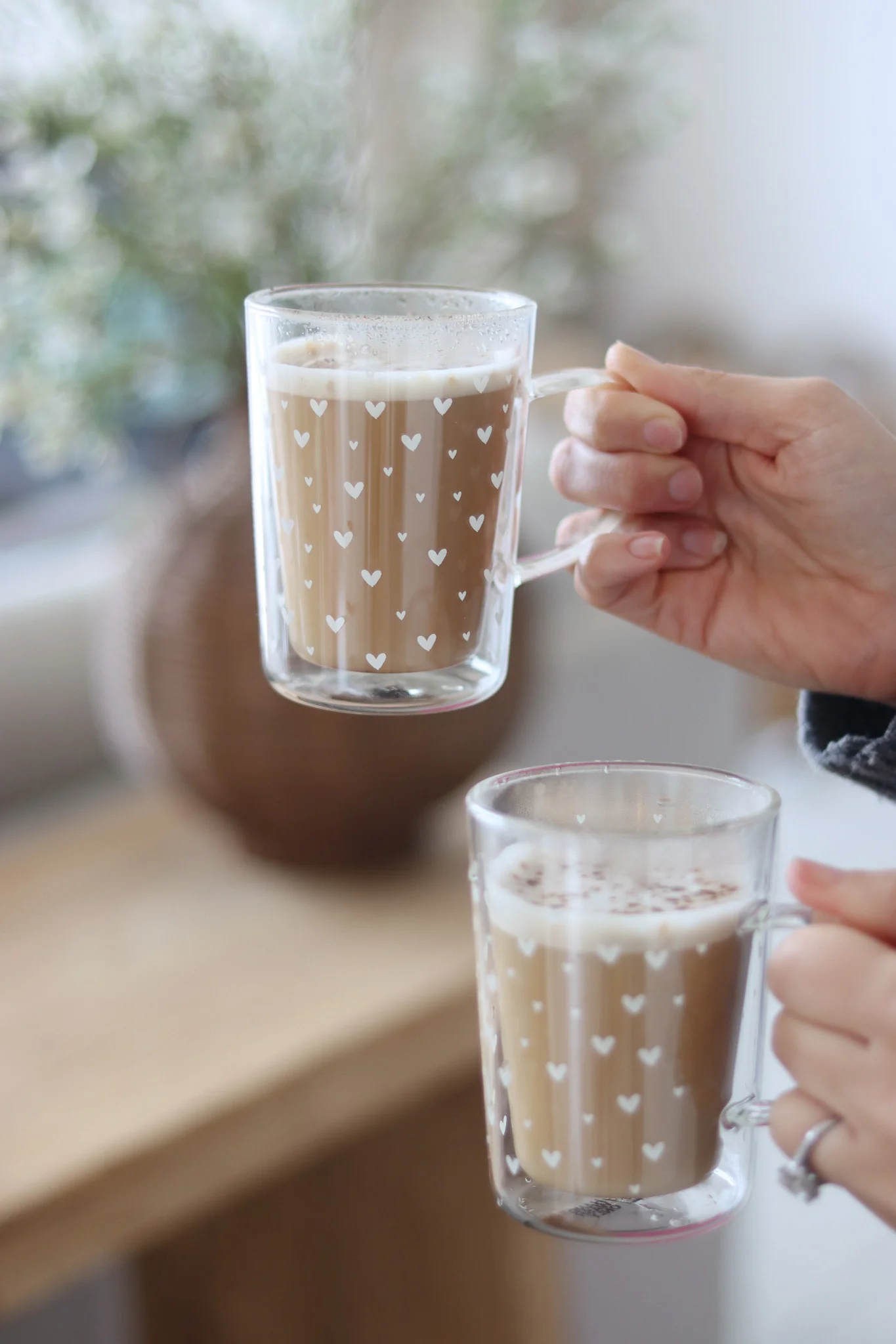 Slim Double Walled Glass Mug Set - 2 Piece - Small White Hearts