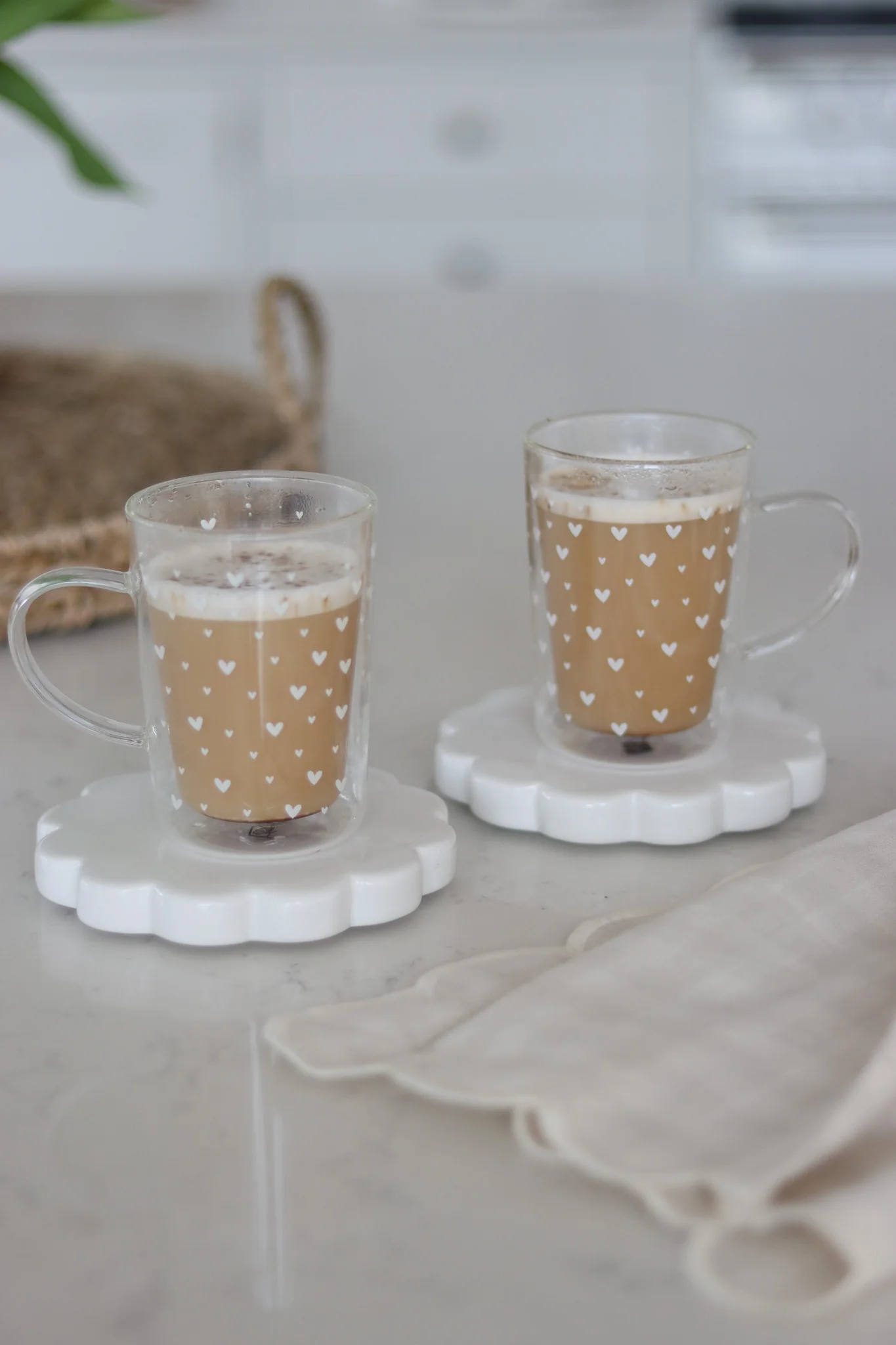 Slim Double Walled Glass Mug Set - 2 Piece - Small White Hearts - Image 2