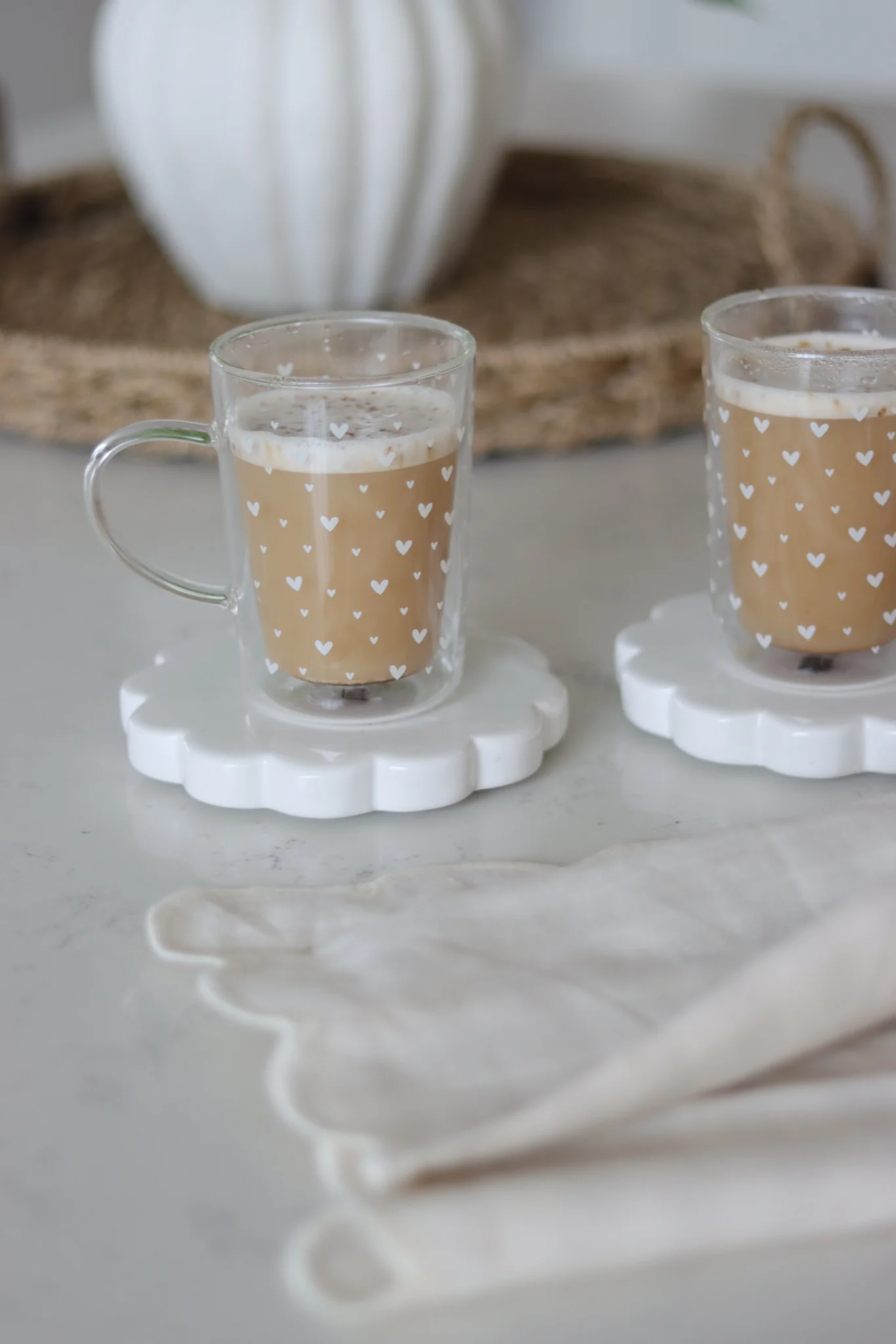 Slim Double Walled Glass Mug Set - 2 Piece - Small White Hearts - Image 3