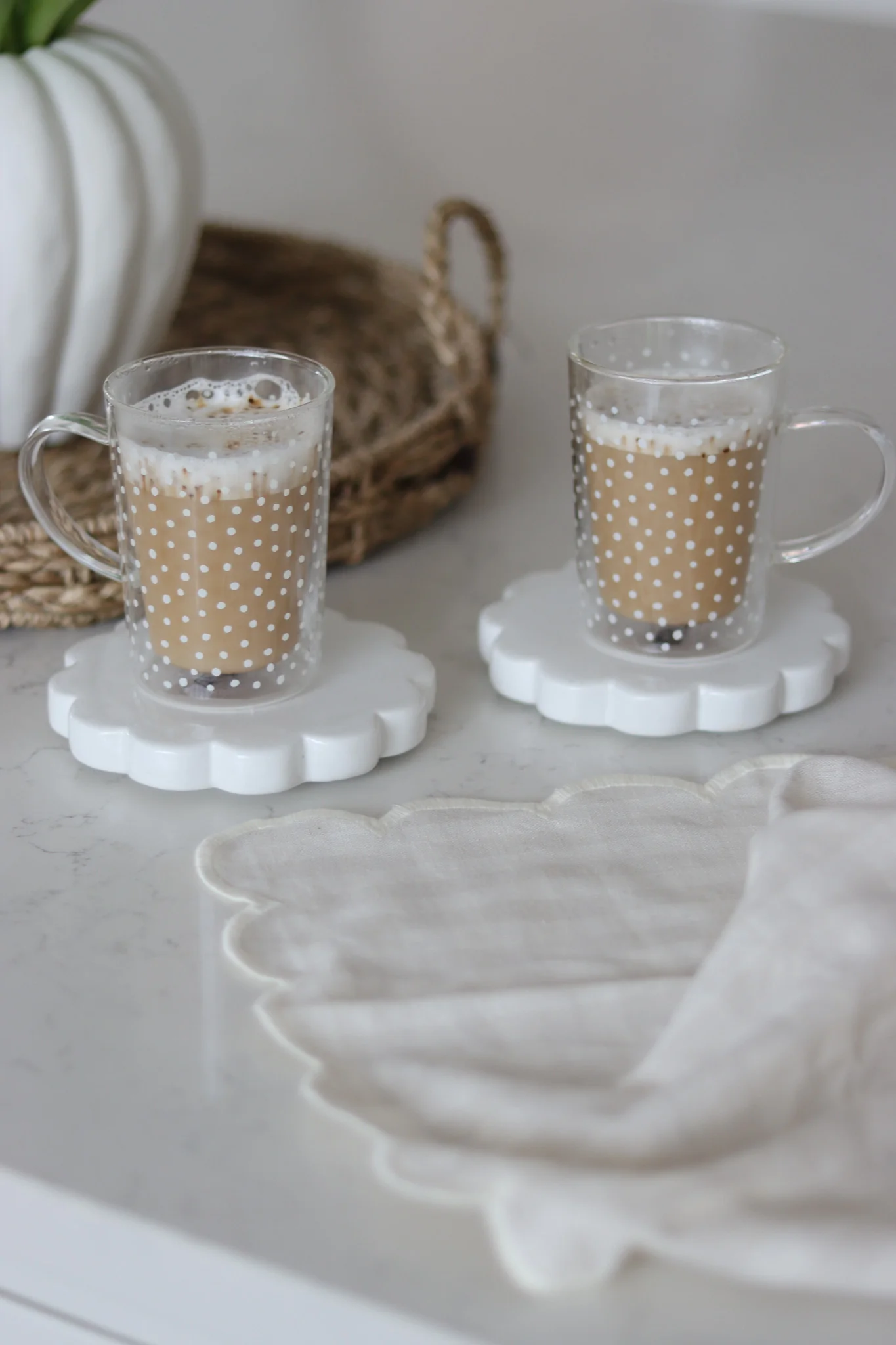 Slim Double Walled Glass Mug Set -2 Piece - White Polka Dot