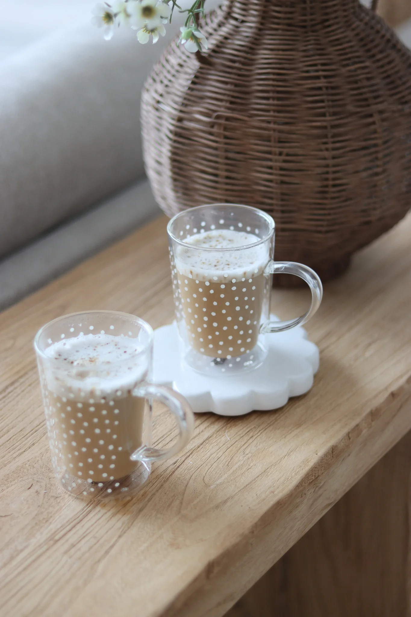 Slim Double Walled Glass Mug Set -2 Piece - White Polka Dot - Image 3