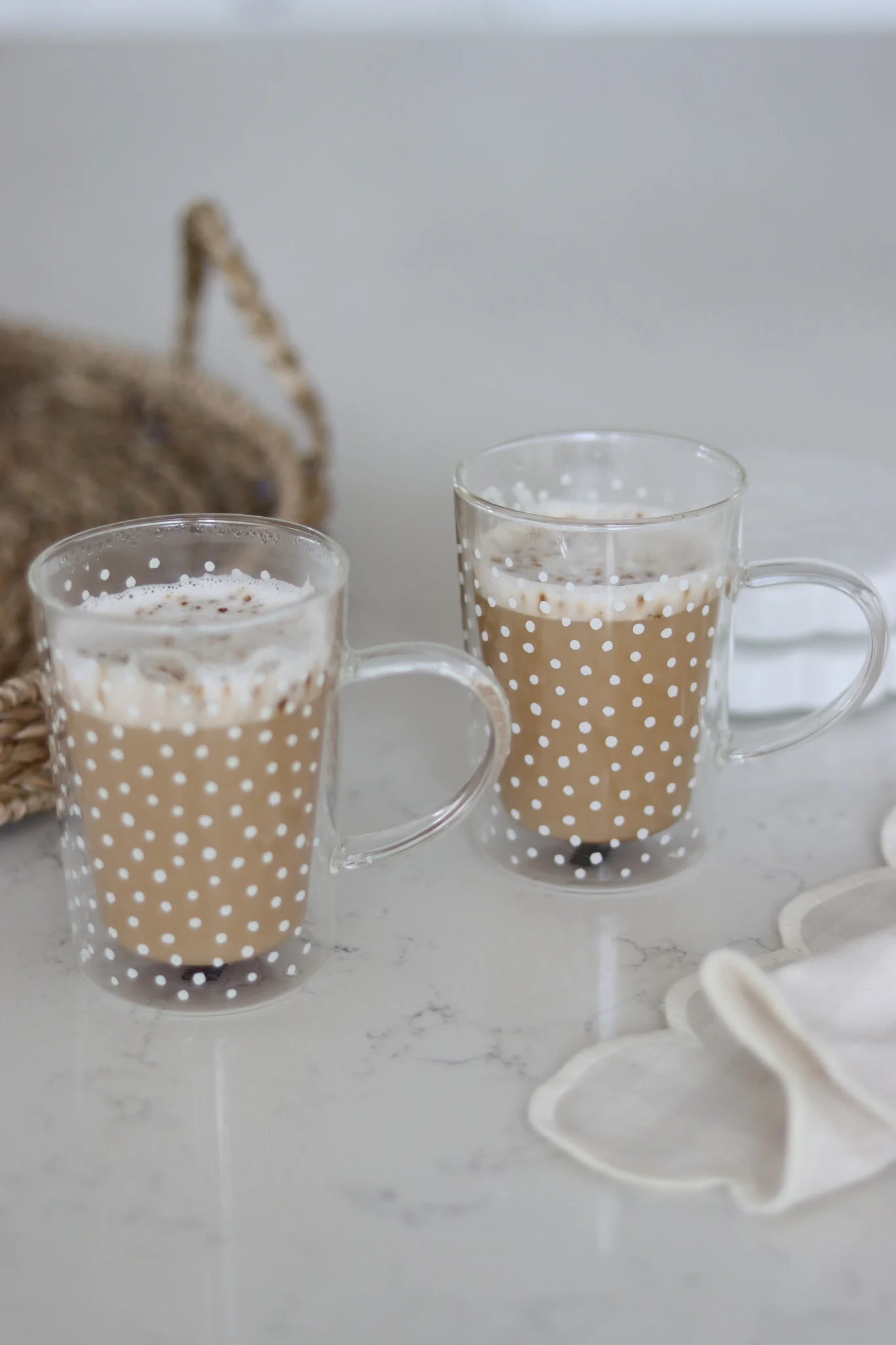 Slim Double Walled Glass Mug Set -2 Piece - White Polka Dot - Image 4